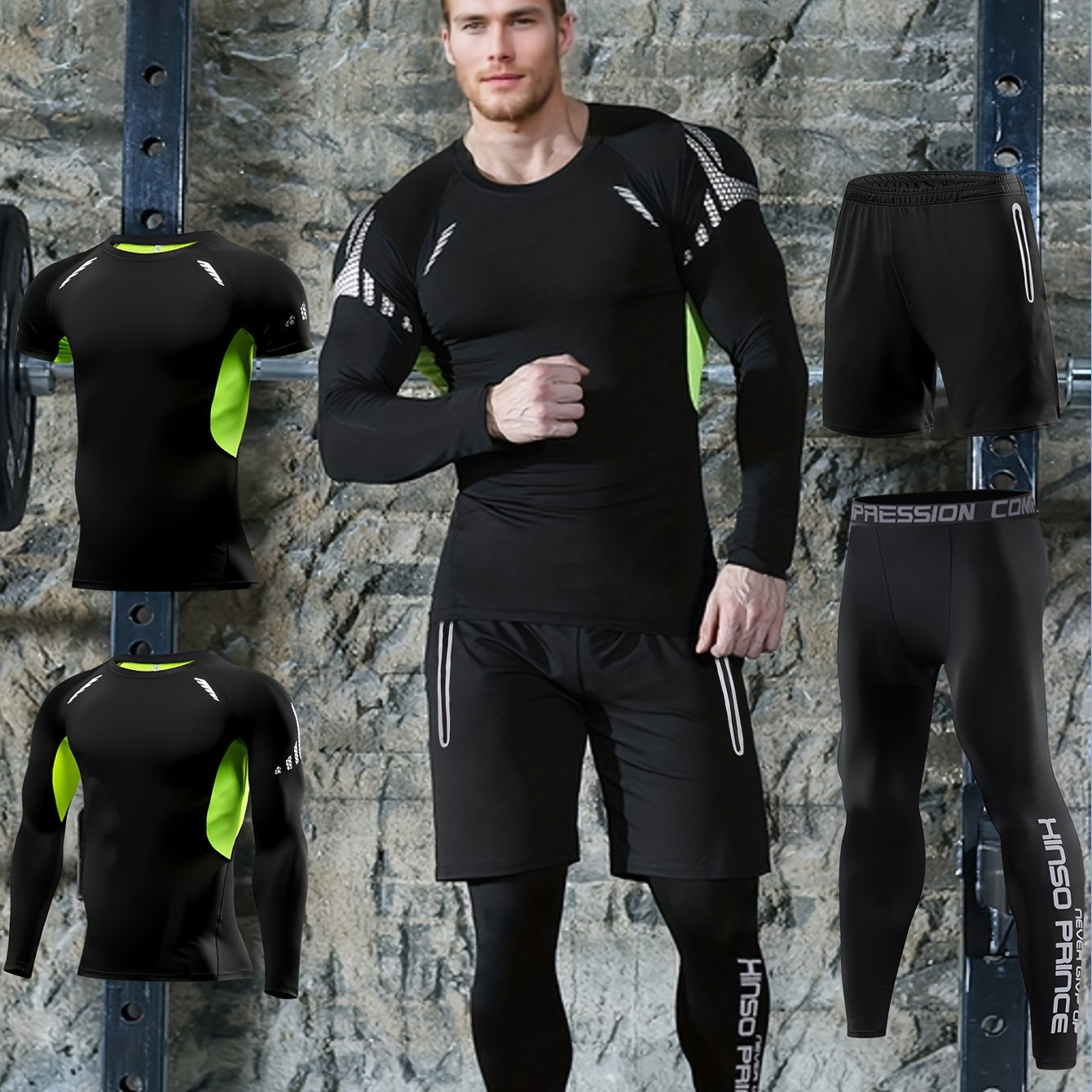 

4pcs Men's Athletic Set: Quick-dry, Stretchy Gear With Long Sleeve Top, Shorts, Jacket & Leggings - Black & Green, Polyester/spandex For Gym, Running, Basketball & Training