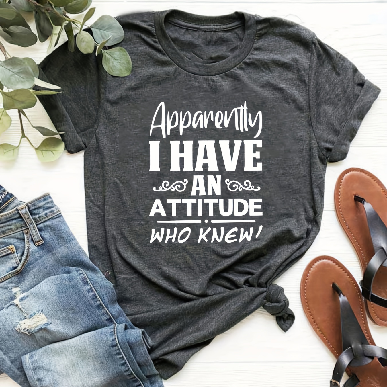 

Plus Size Casual T-shirt, Women's Plus Slogan Print Short Sleeve Round Neck Slight Stretch T-shirt