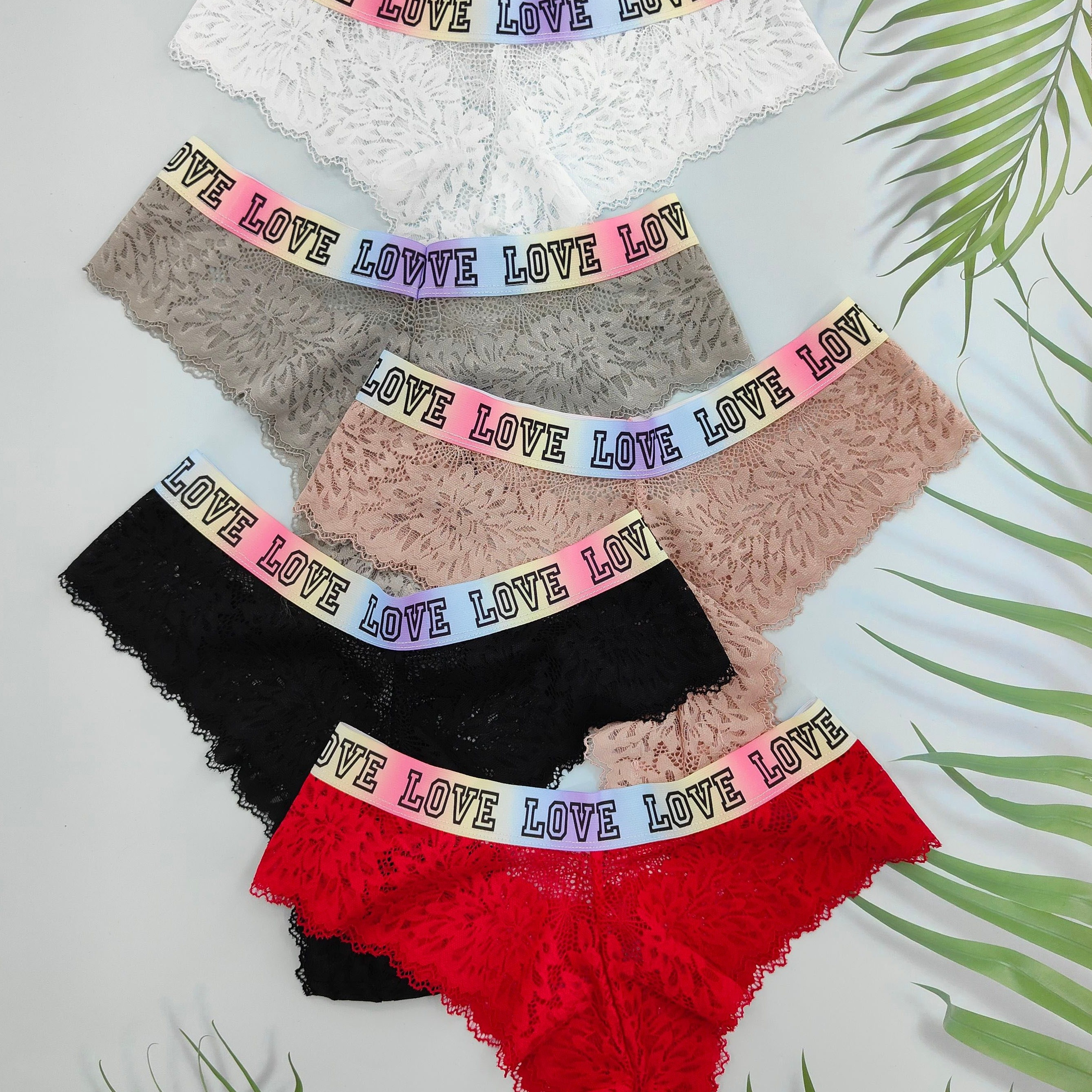 

5pcs Rainbow Letter Trim Floral Lace Low Waist Briefs, Sexy Comfy Breathable Stretchy Intimates Panties, Women's Lingerie & Underwear