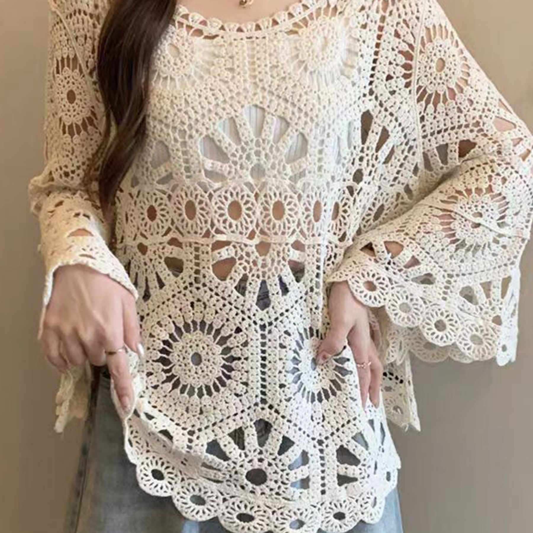 

Crochet Cover Up Knitted Top, Casual Solid Color Long Sleeve Hollow Out Sweater, Women's Clothing