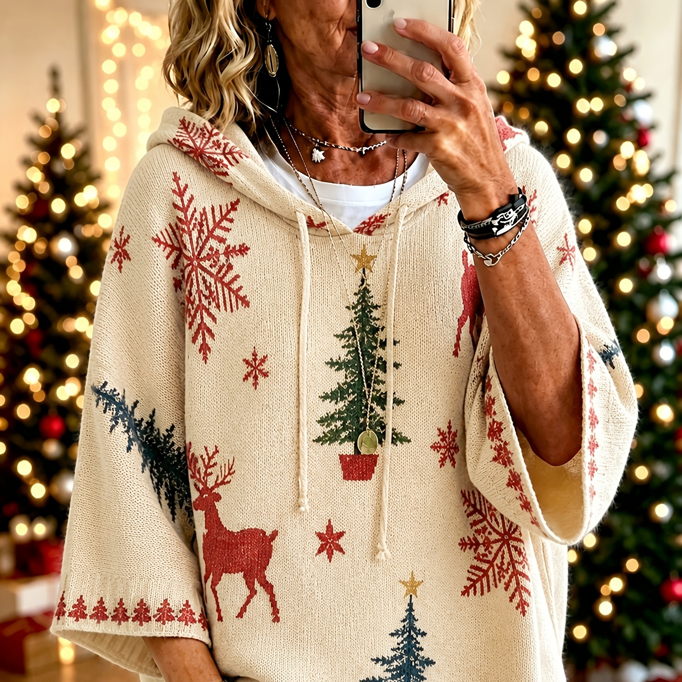 Jersey con capucha de punto para mujer, Otoño-Invierno, con estampado navideño de renos...