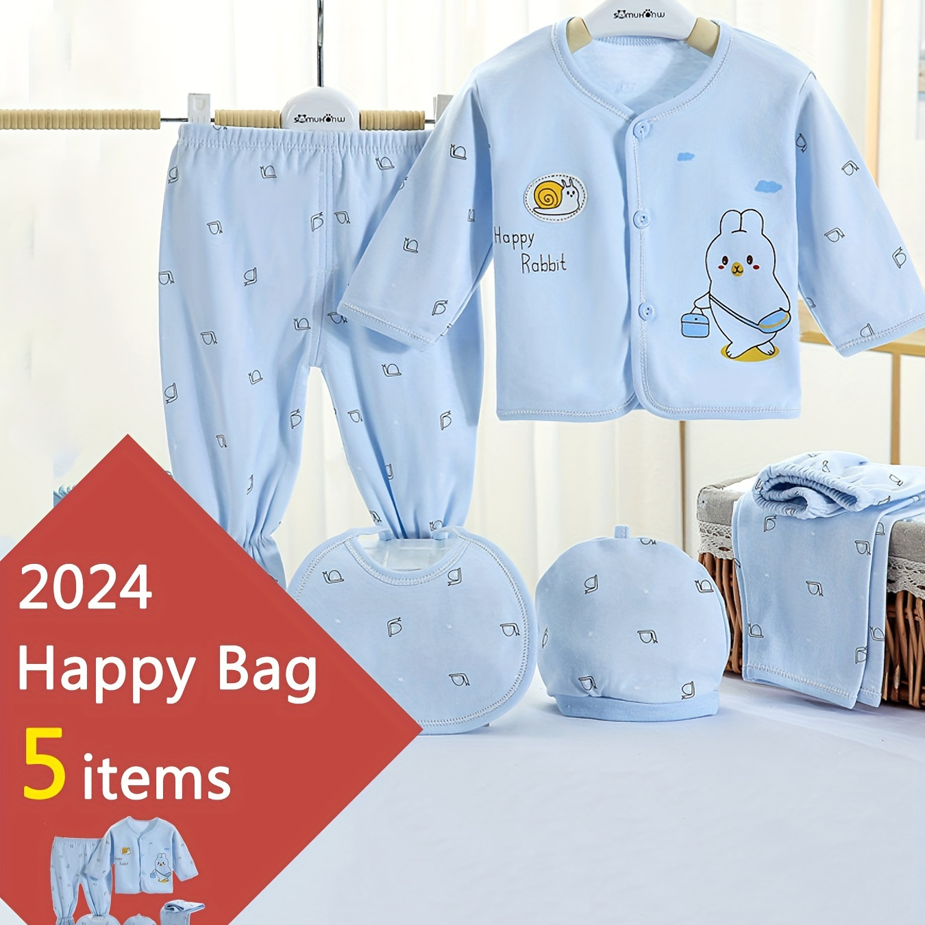 

2024 Lucky Bag, 5pcs Newborn Clothes Outfits Gifts - Cute Cartoon Graphic Cardigan Top + Hat + Footed Pants + Trousers + Bib, Toddler Baby's Cotton Loungewear Set, Suitable For 0-3 Months