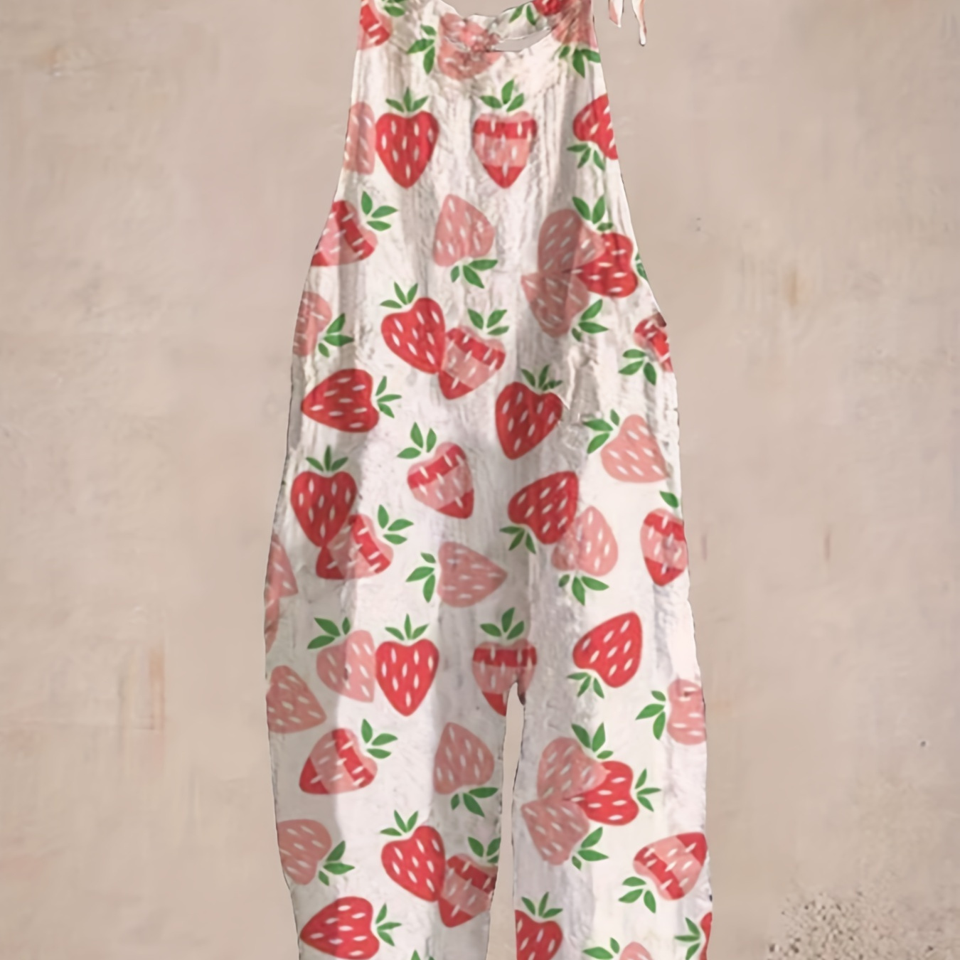 

Strawberry Knotted Strap Overalls, Cute Sleeveless Loose Overalls For Spring & Summer, Women's Clothing