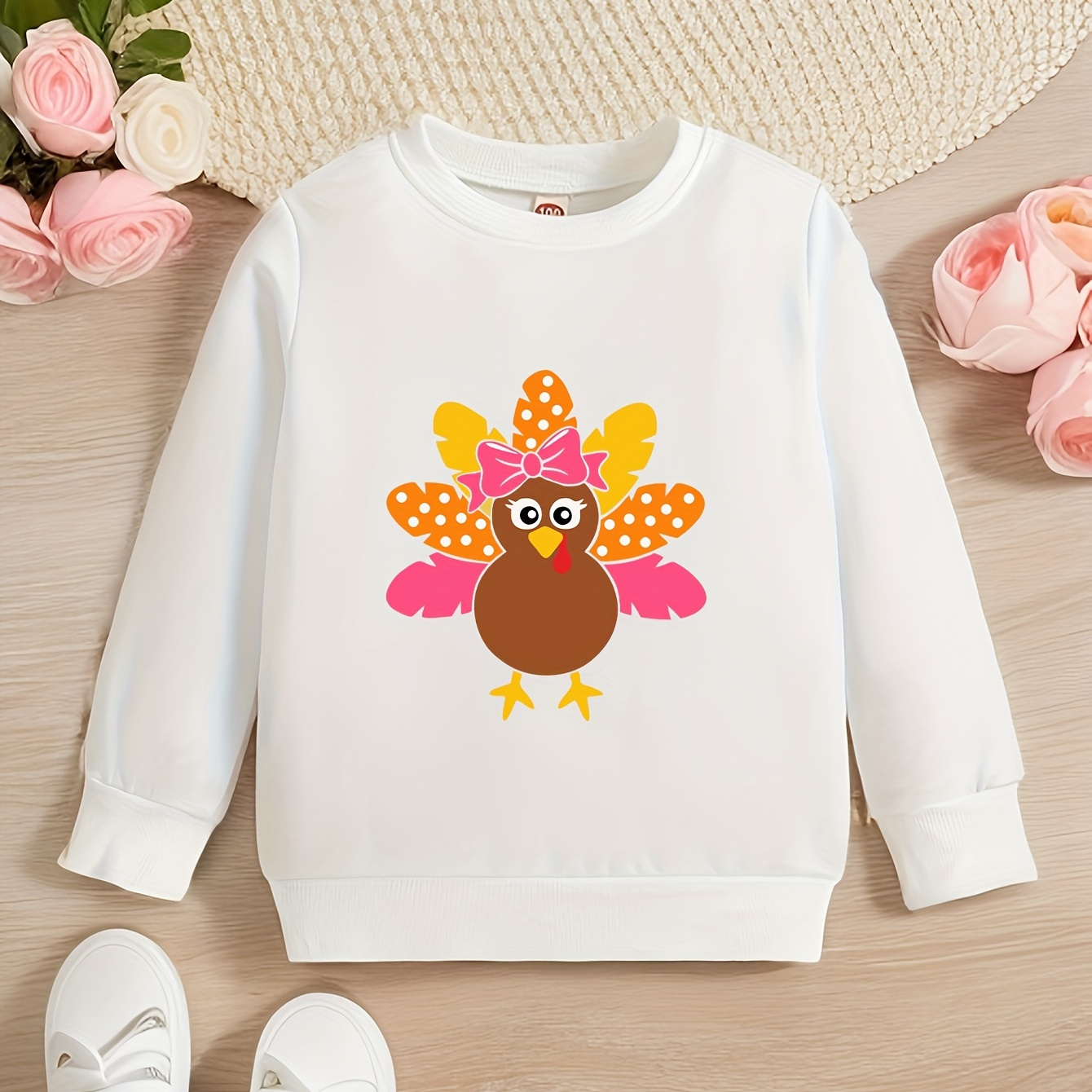 

Sweet Sweatshirt Girls Cute Turkey Print Crew Neck Pullover Trendy Tops For Autumn Party Thanksgiving