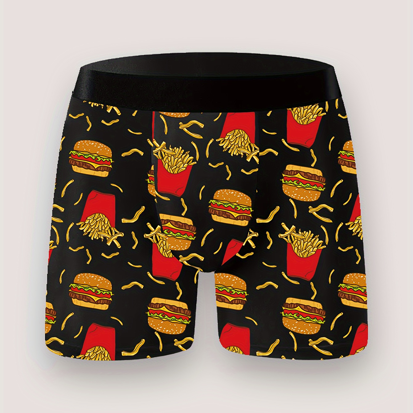 

Men's Boxer Briefs With Fun Hamburger & Fries Cartoon Print - High Stretch, Soft Polyester , Non-transparent - Teens & Athletes