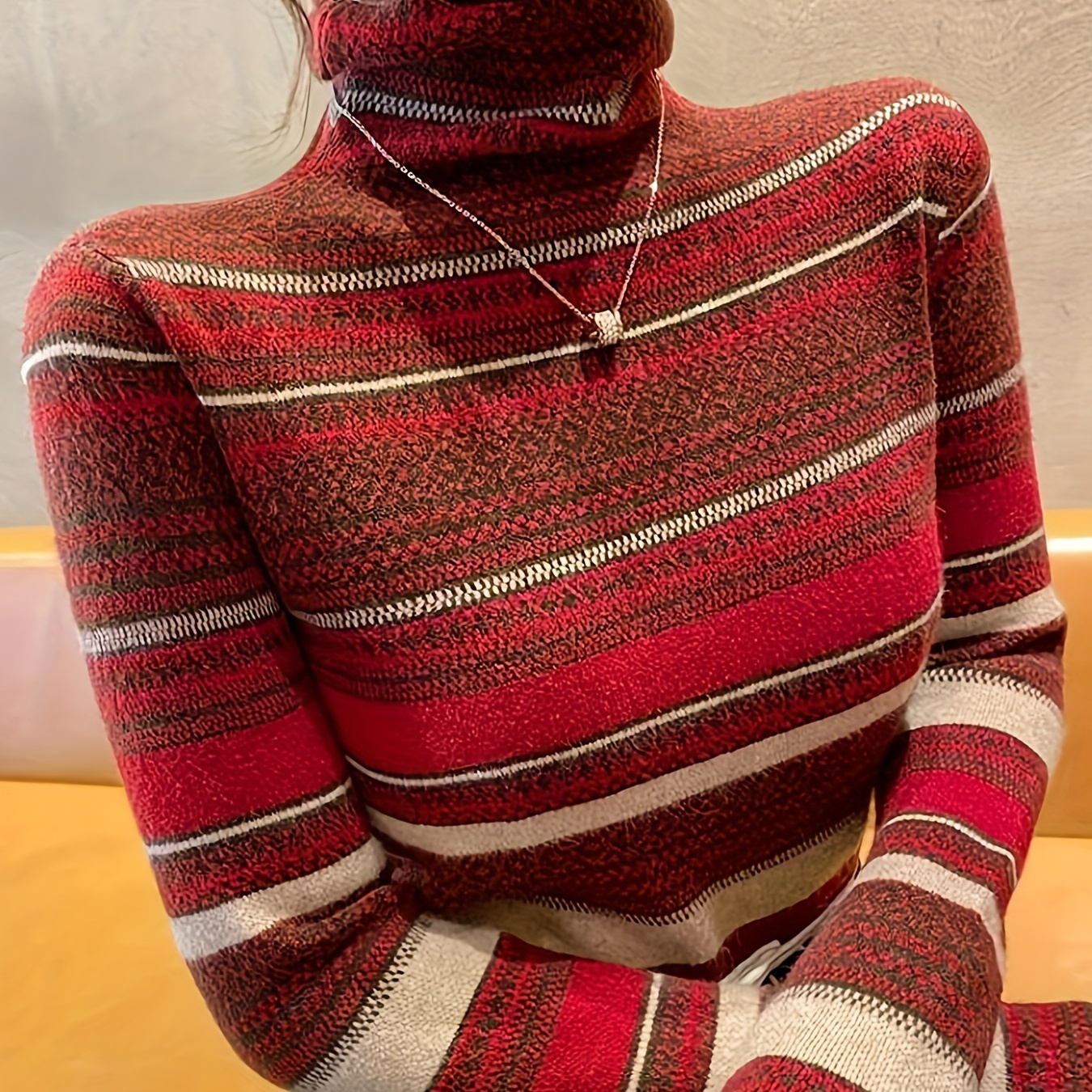 

Elegant Green Striped Turtleneck Sweater For Women - Cozy Knit, Machine Washable, Fall/winter