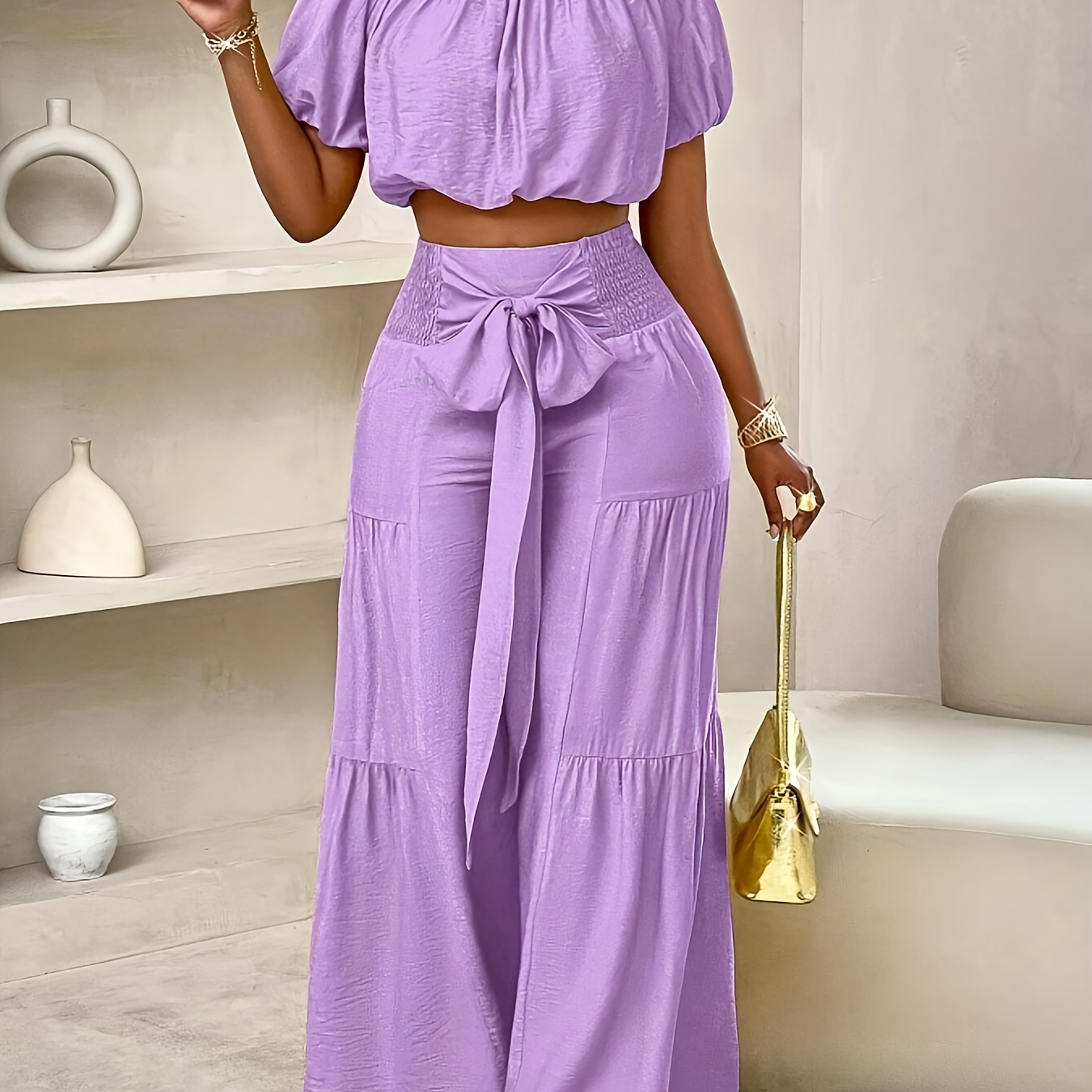 

1set Women's Casual Solid Color Short Sleeve Square Neck Top And Tie-waist Wide Leg Pants Set, 100% Polyester Woven, All