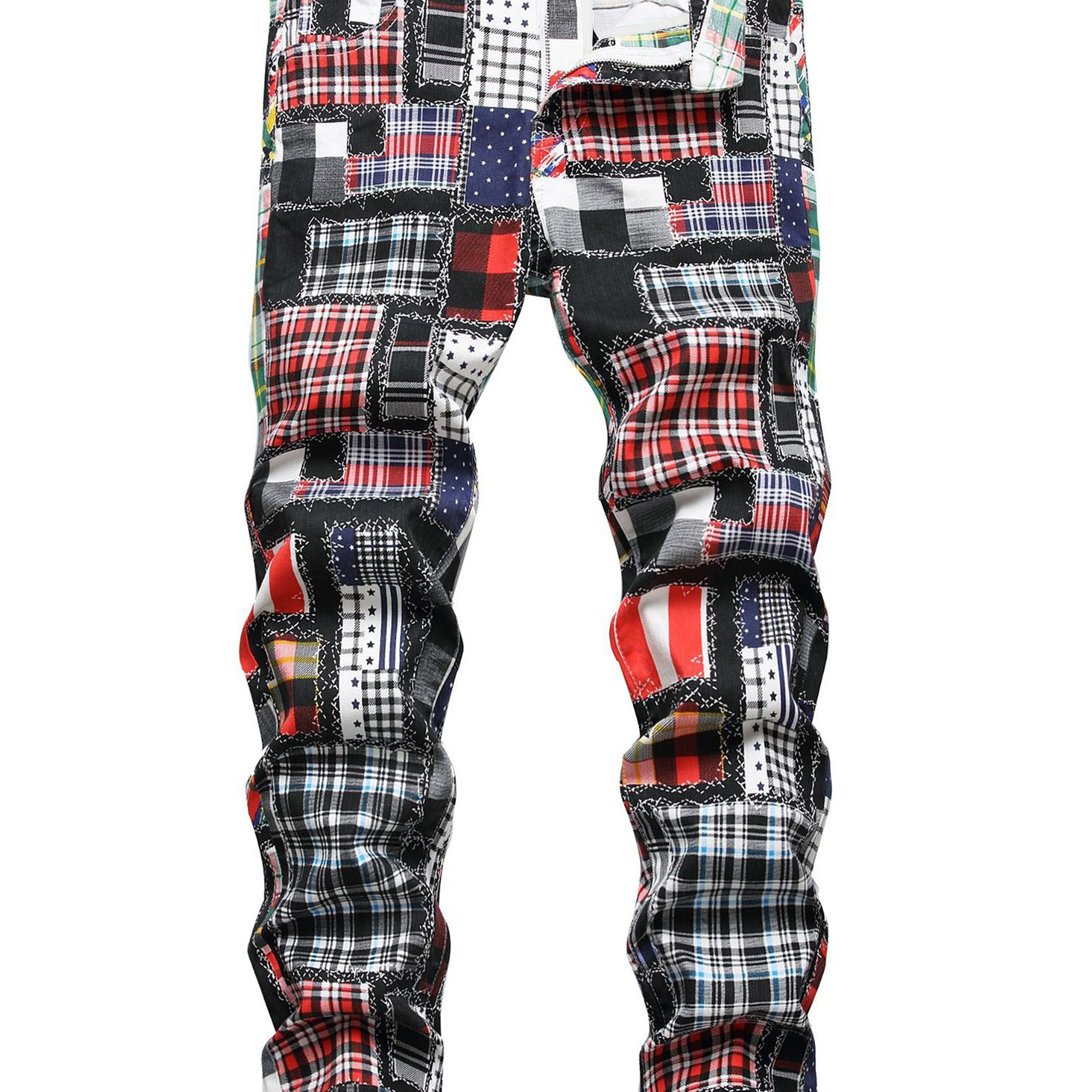 Plus Size Men's Patchwork Jeans Slim Fit Plaid Jeans For Spring/autumn, Street Style Cool Pants, Men's Clothing