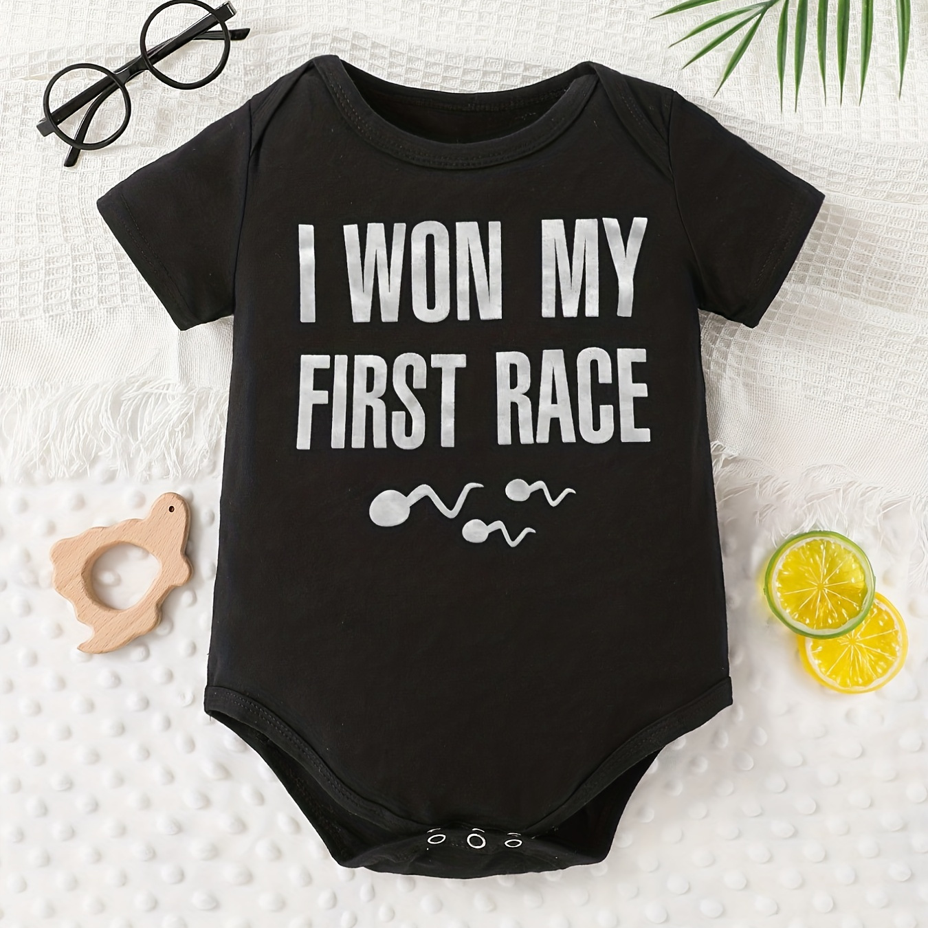 

I Won My First Race Little Swimmers Print Cute Baby Romper Boys Girls Short Sleeve Onesie For Photography Party