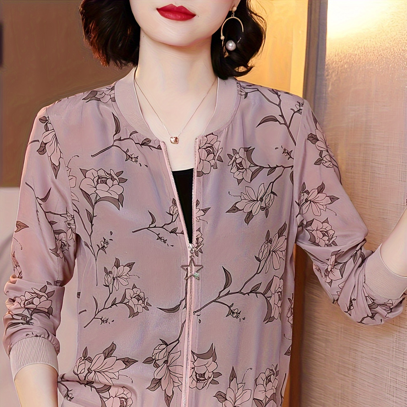 

Floral Print Zip Up Lightweight Jacket, Casual Long Sleeve Baseball Collar Outerwear For Spring & Summer, Women's Clothing