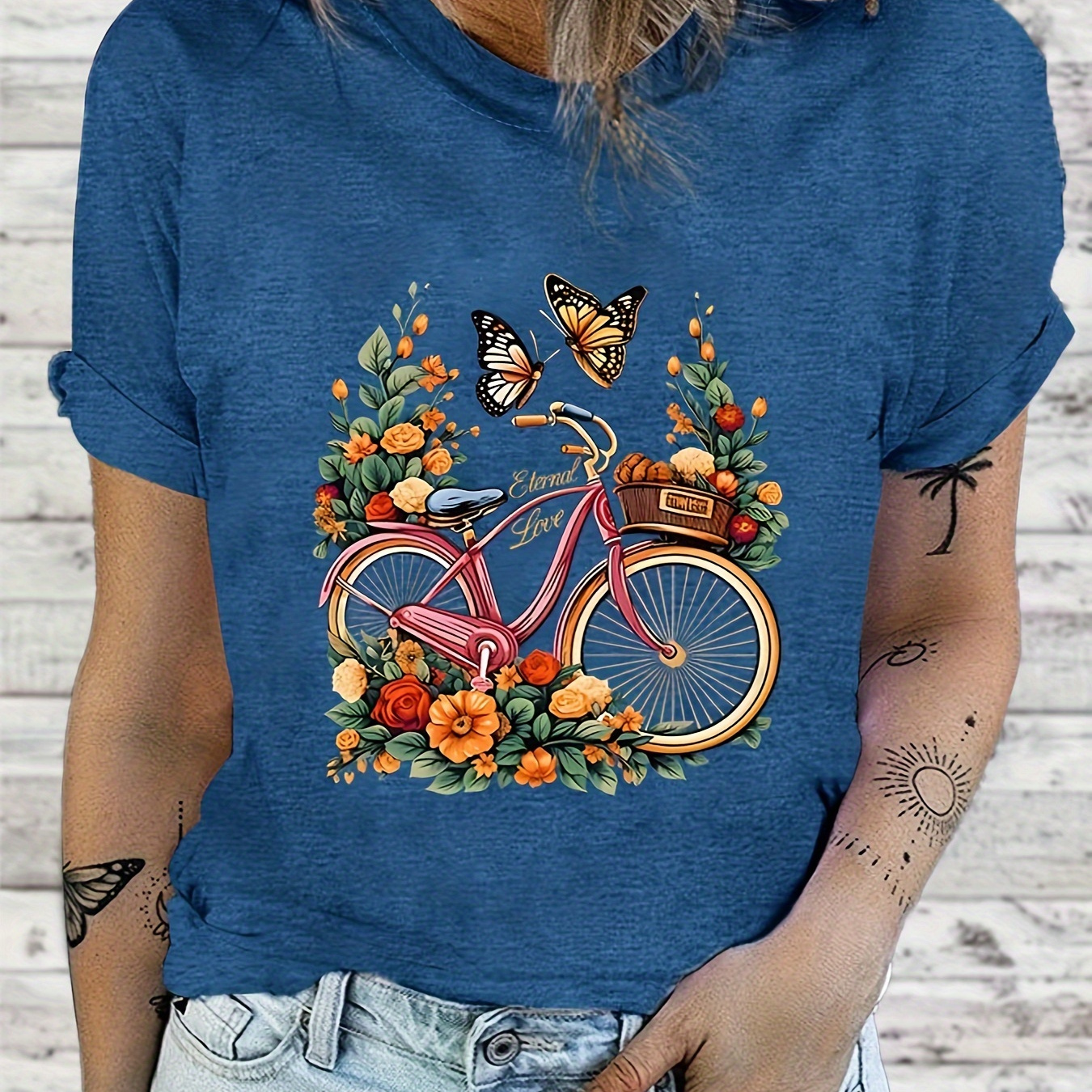 

Bicycle Print T-shirt, Short Sleeve Crew Neck Casual Top For Summer & Spring, Women's Clothing