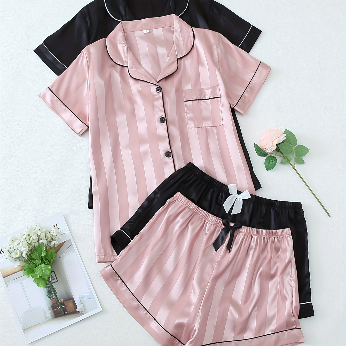 

2 Sets Women's Striped Satin Casual Pajama Set, Short Sleeve Buttons Lapel Top & Shorts, Comfortable Relaxed Fit
