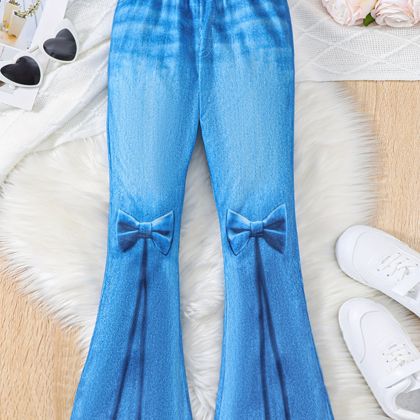 

Trendy Imitation Denim Print Flare Pants For Girls Outdoor Spring Summer Fall Party Gift