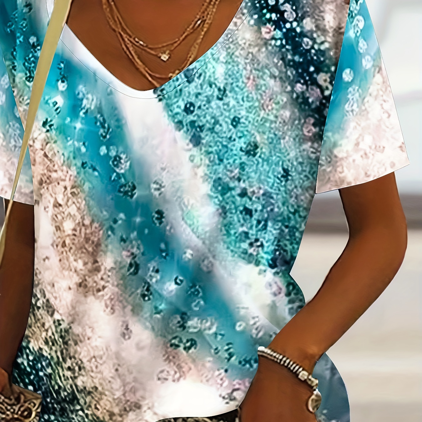 

Marble Print V Neck T-shirt, Short Sleeve Casual Top For Spring & Summer, Women's Clothing