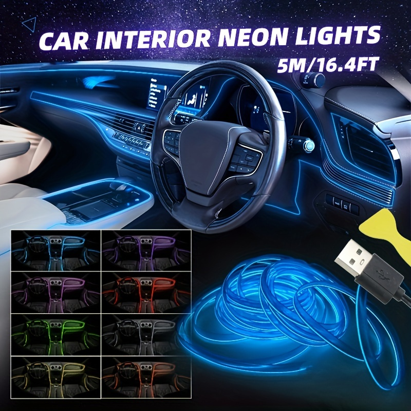 

1 Set 5m/196.85 Inch/16.4 Ft Car El Wire Interior Car Led Strip Lights, 5v Usb Neon Light Strip With Sewing Edge, Atmosphere Ambient Lighting Kits