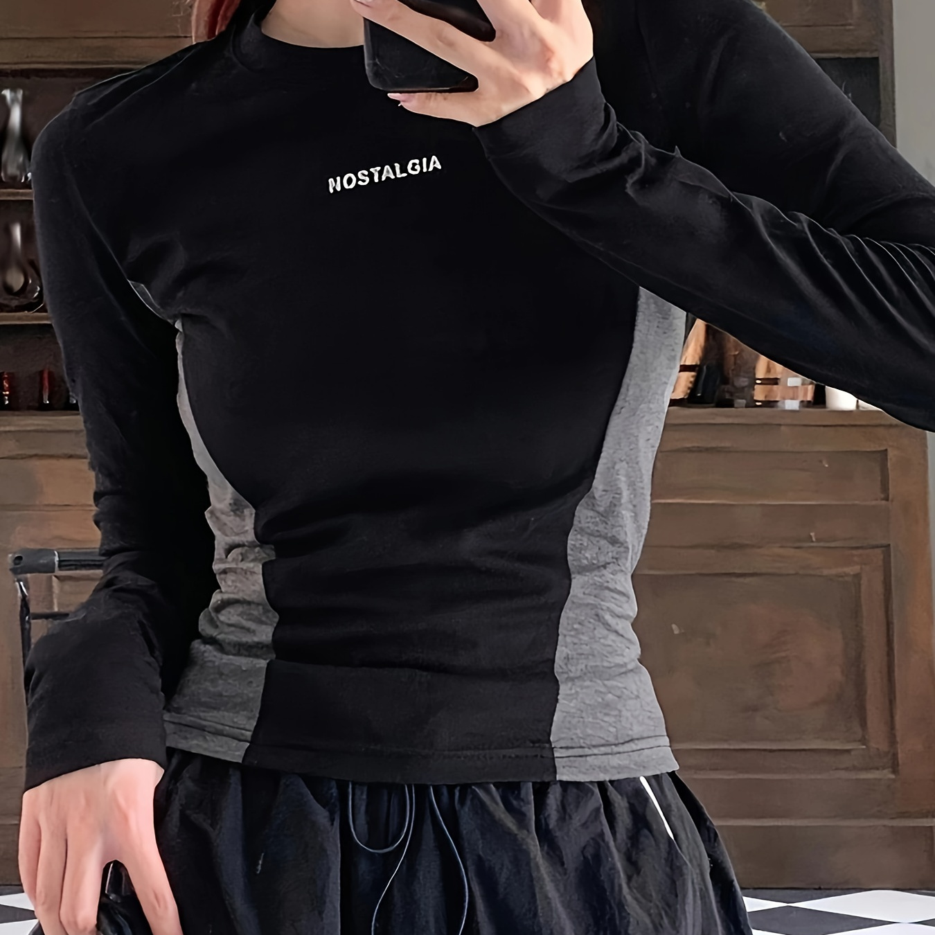 

Letter Pattern Crew Neck T-shirt, Casual Color Block Long Sleeve Top For Spring & Fall, Women's Clothing