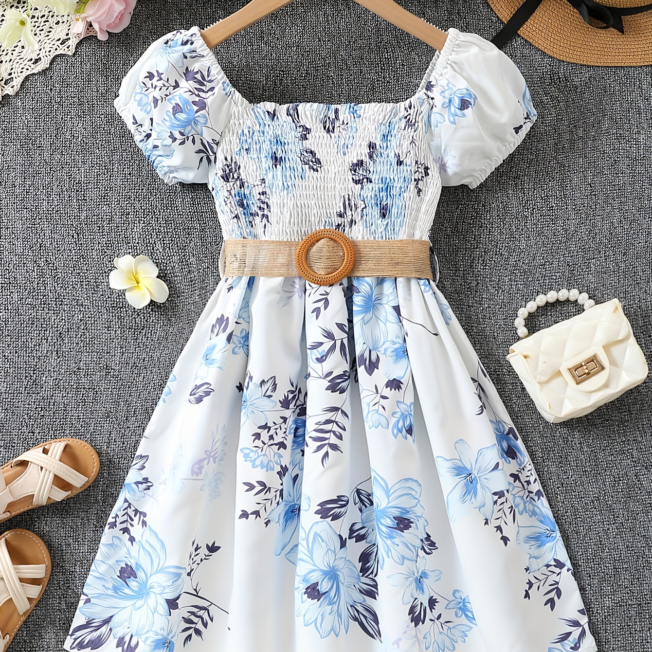 

Girls Puff Sleeve Fresh Floral Print Belt Dress Sweet & Fashion Short Sleeve Dress For Spring Summer
