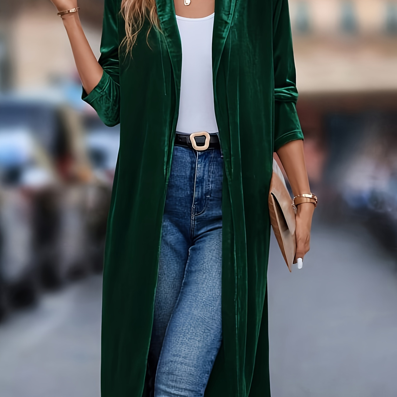 

Solid Open Front Velvet Cardigan, Vintage Long Sleeve Outwear For Fall & Winter, Women's Clothing