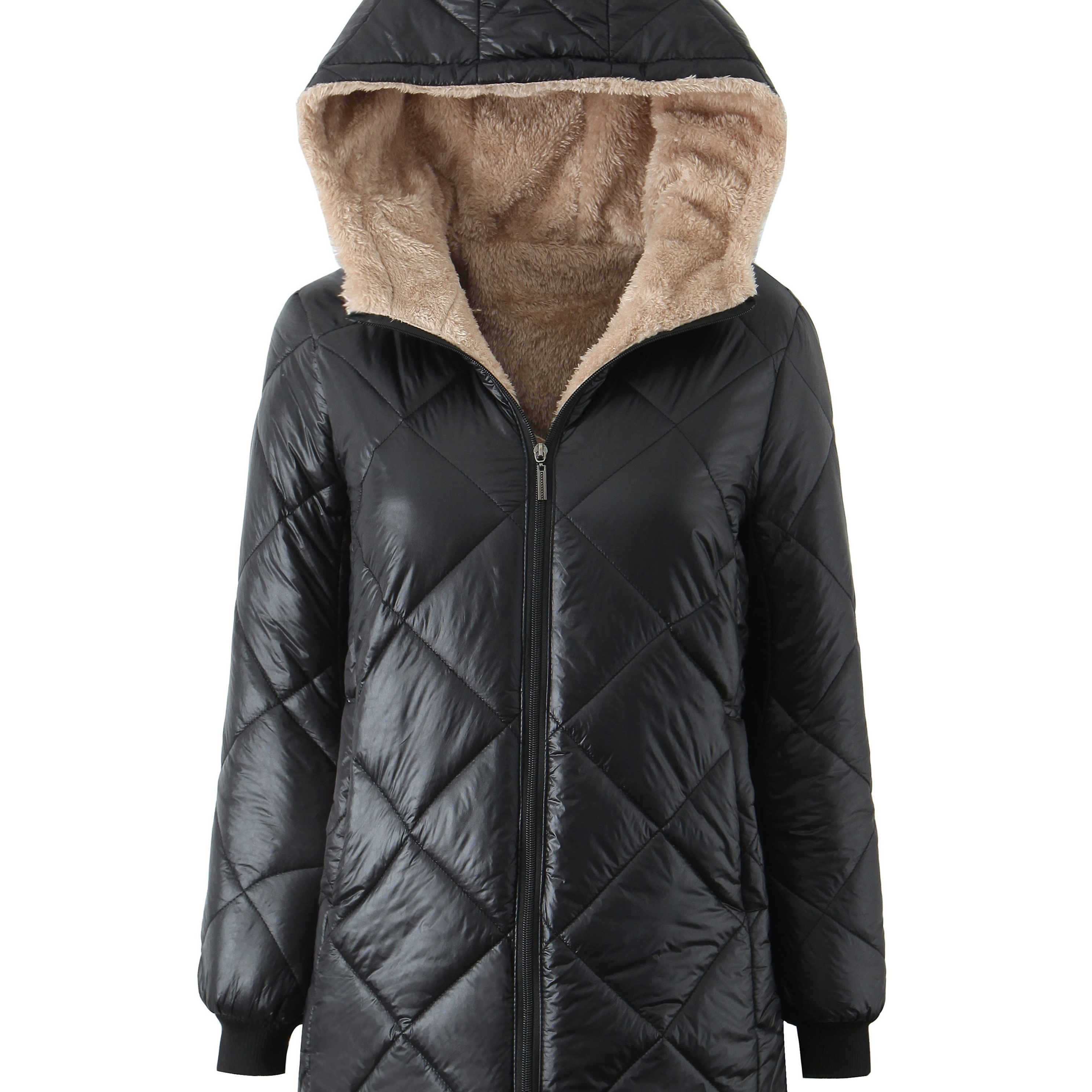 

[1pc Women's Quilted Puffer Jacket] Women's Casual Mid-length Quilted Puffer Jacket Coat With Hood, Long Regular Sleeve, Loose Fit, Polyester, Non-stretch Woven Fabric, Solid Color, Zipper Detail