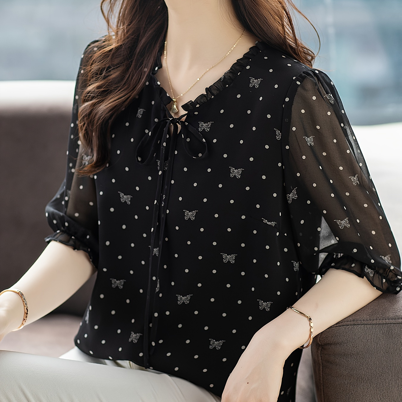 

Elegant Black Floral Chiffon Blouse For Women - Lightweight Short Sleeve Top With Bow Tie Neckline & Sheer Sleeves, Polyester, Non-stretch, Hand Or Only