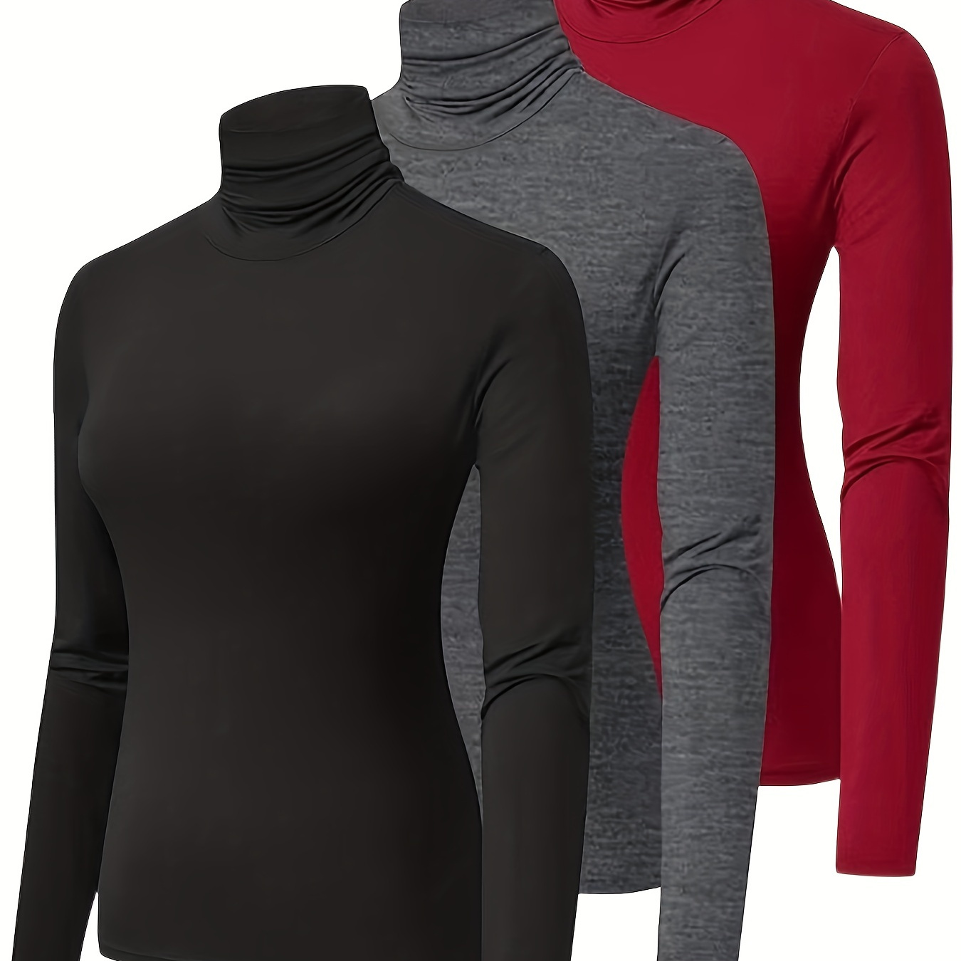 

3 Packs Turtleneck T-shirts, Casual Long Sleeve Top For Spring & Fall, Women's Clothing
