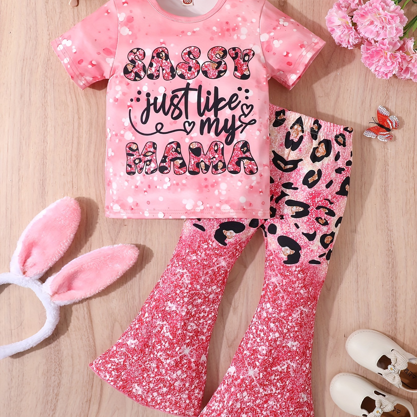 

Sassy Like Mama Print Girl's 2pcs, Letter Tee + Leopard Spliced Print Bell-bottom Pants Set Trendy 2-piece Summer Outfit