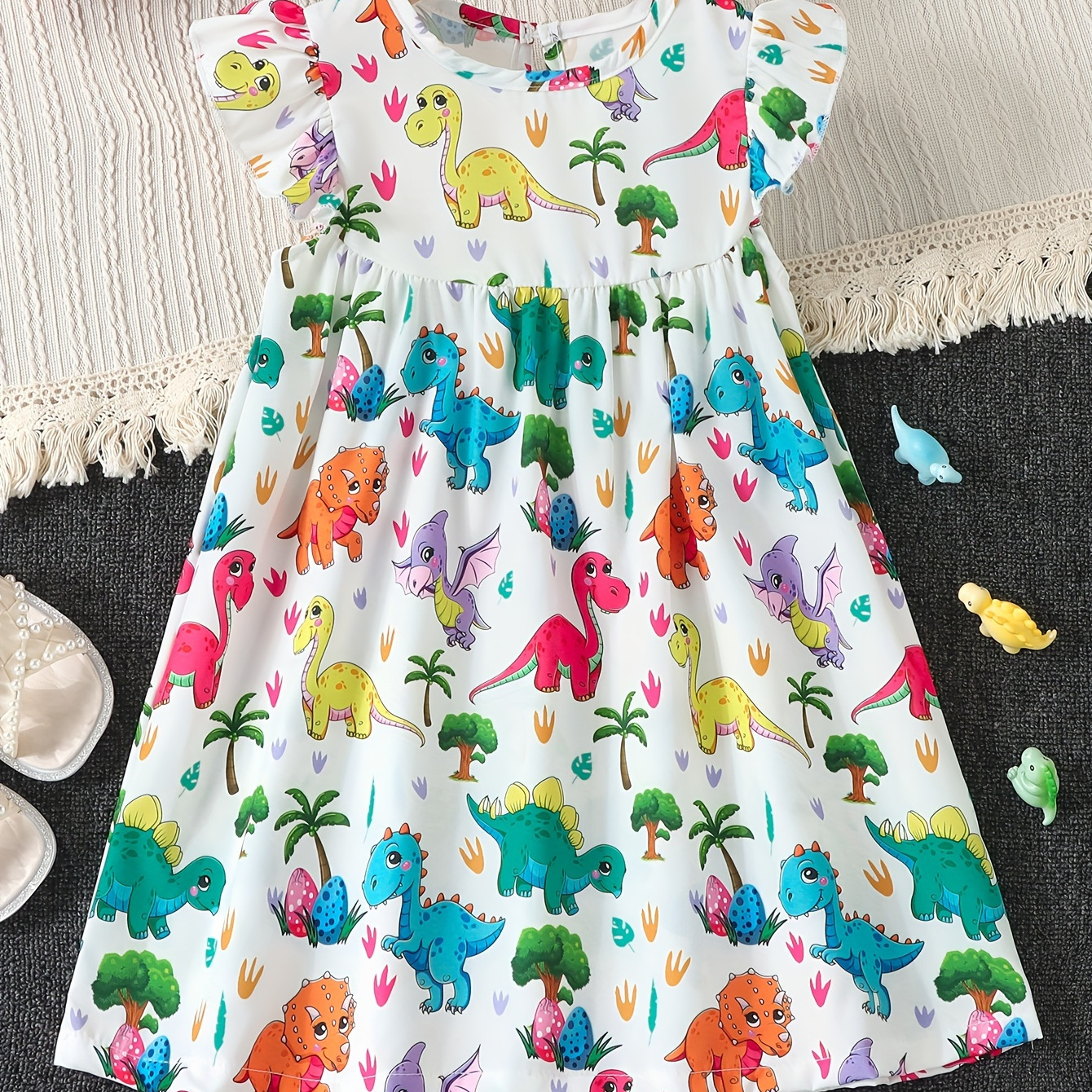 

Sweet Girls Cute Dino Graphic Flutter Sleeve Dress Summer Party Gift Outdoor