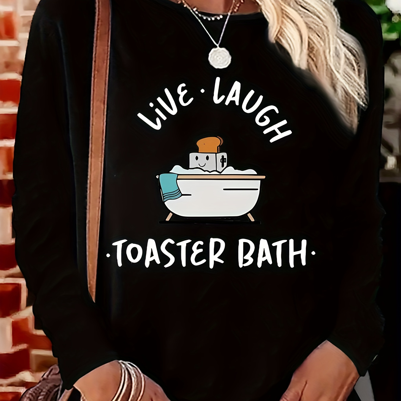 

Women's Casual Crew Neck Long Sleeve T-shirt With Humorous "live Laugh Toaster Bath" Graphic Print, Polyester Spandex Blend, Slight Stretch, Geometric Pattern, All-season Knit Top