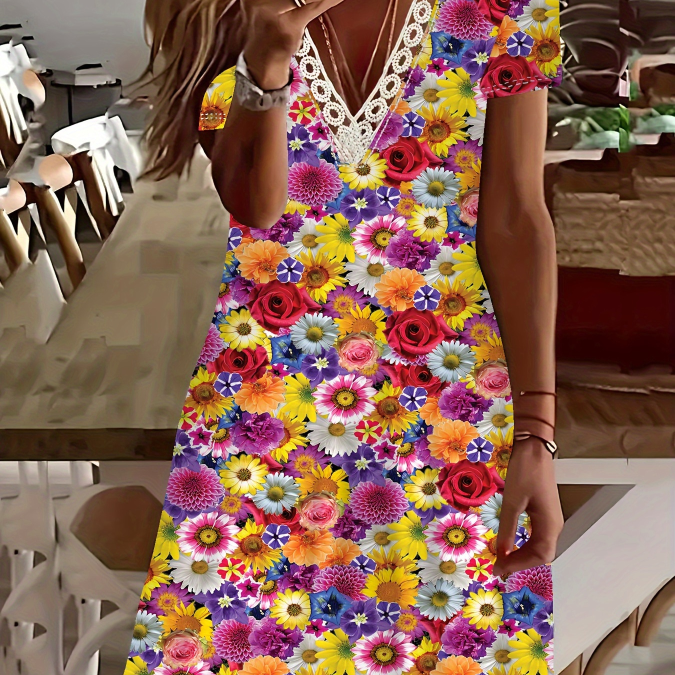 

Plus Size Floral Print Lace Trim V Neck Dress, Casual Short Sleeve Dress For Spring & Summer, Women's Plus Size Clothing