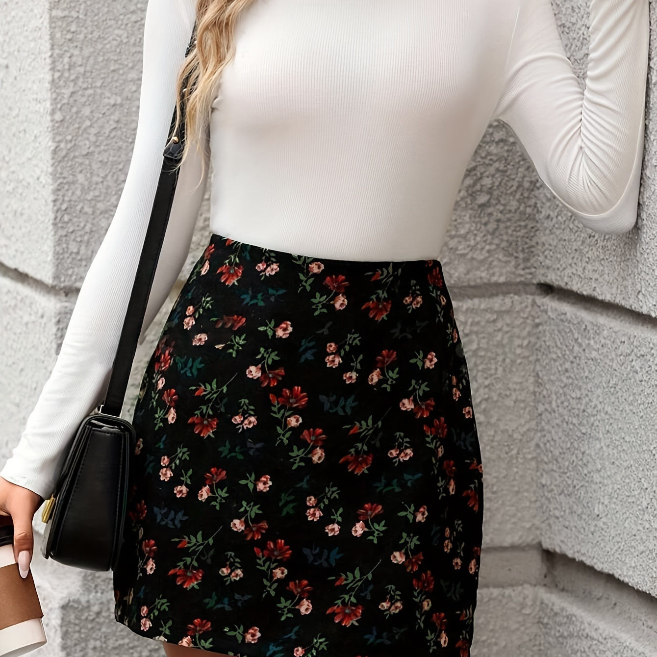 

Floral Print Bodycon Skirt, Elegant High Waist Mini Skirt For Fall & Winter, Women's Clothing