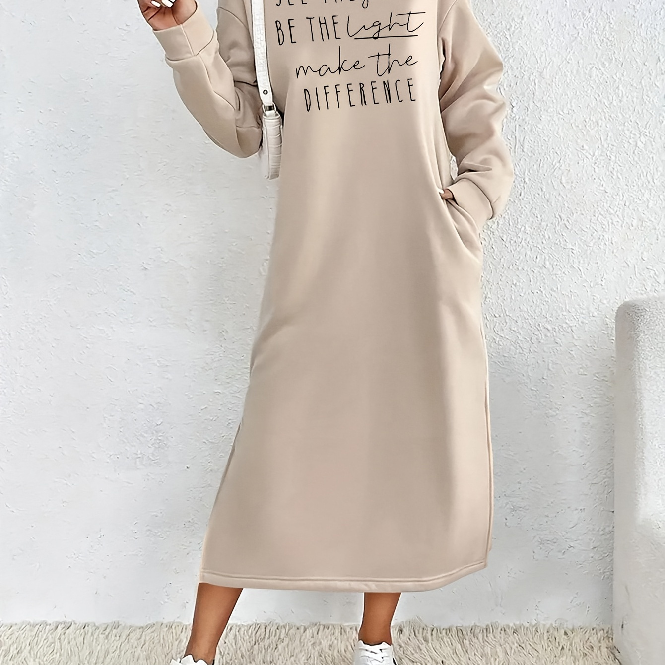 

Women's Casual Long Sleeve Hooded Maxi Sweatshirt Dress With Alphabet Applique, Polyester Knit Fabric, For All