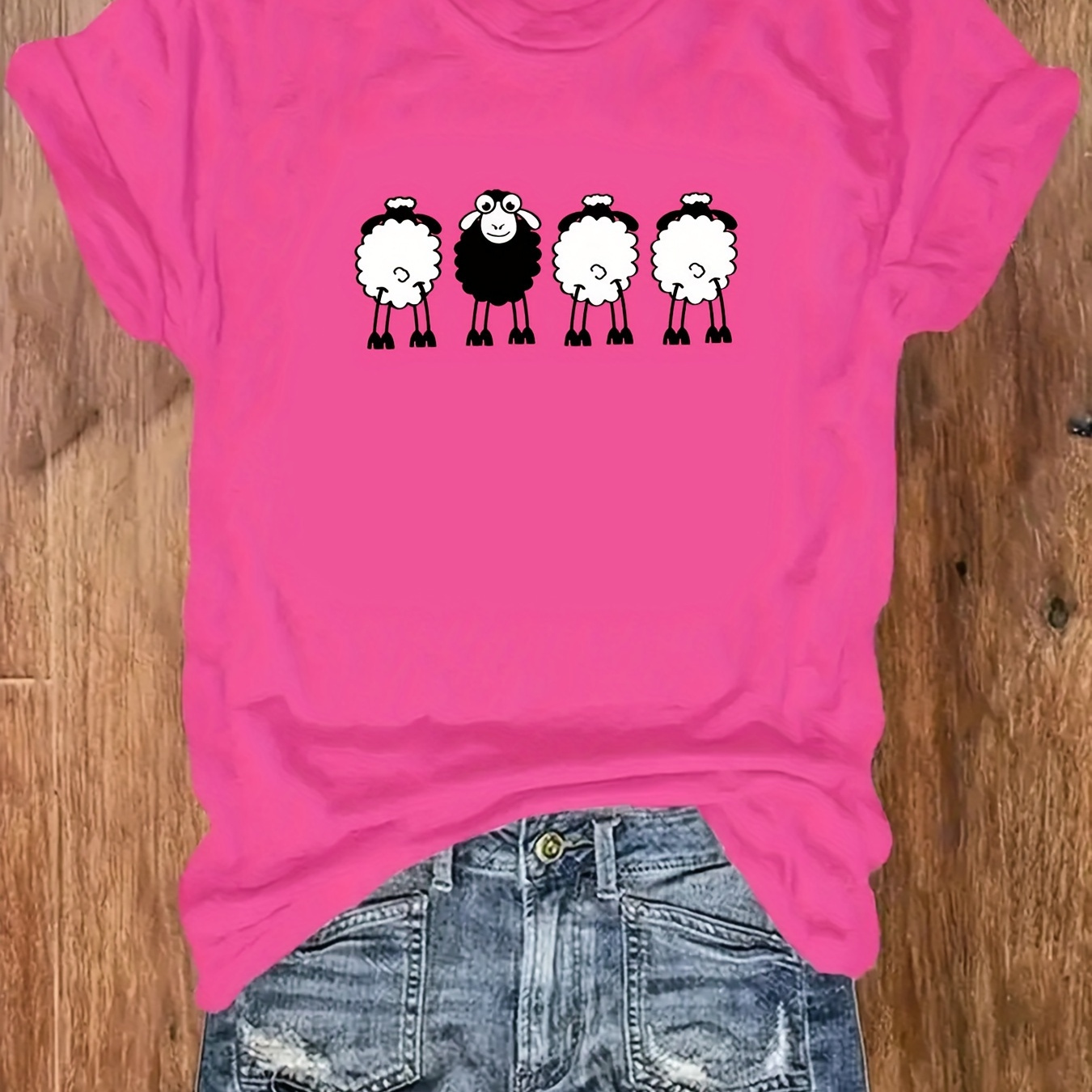 

Plus Size Sheep Print T-shirt, Casual Crew Neck Short Sleeve T-shirt, Women's Plus Size clothing