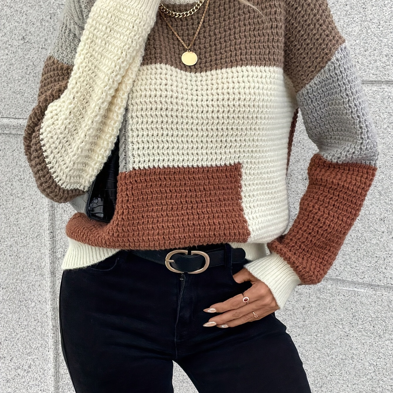 

Color Block Mock Neck Sweater, Casual Long Sleeve Knitted Pullover Sweater For Fall & Winter, Women's Clothing