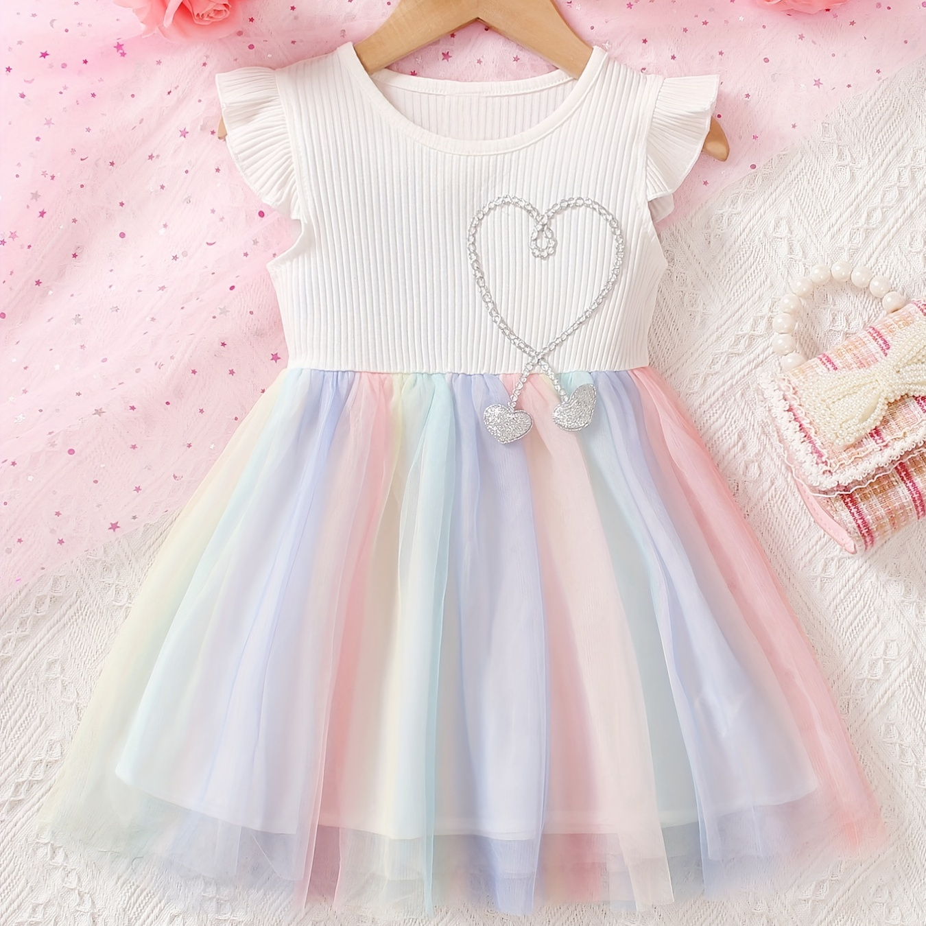 

Girls Rhinestone Decor Flying Sleeve Rainbow Princess Dress For Summer