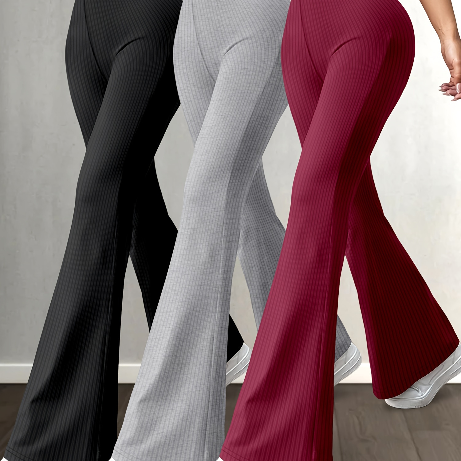 

Pantalon Évasé Amincissant Taille Haute Élégant pour Femme - 3pcs, Mélange Extensible de Polyester et Spandex, Lavable en Machine, Couleur Unie Polyvalente