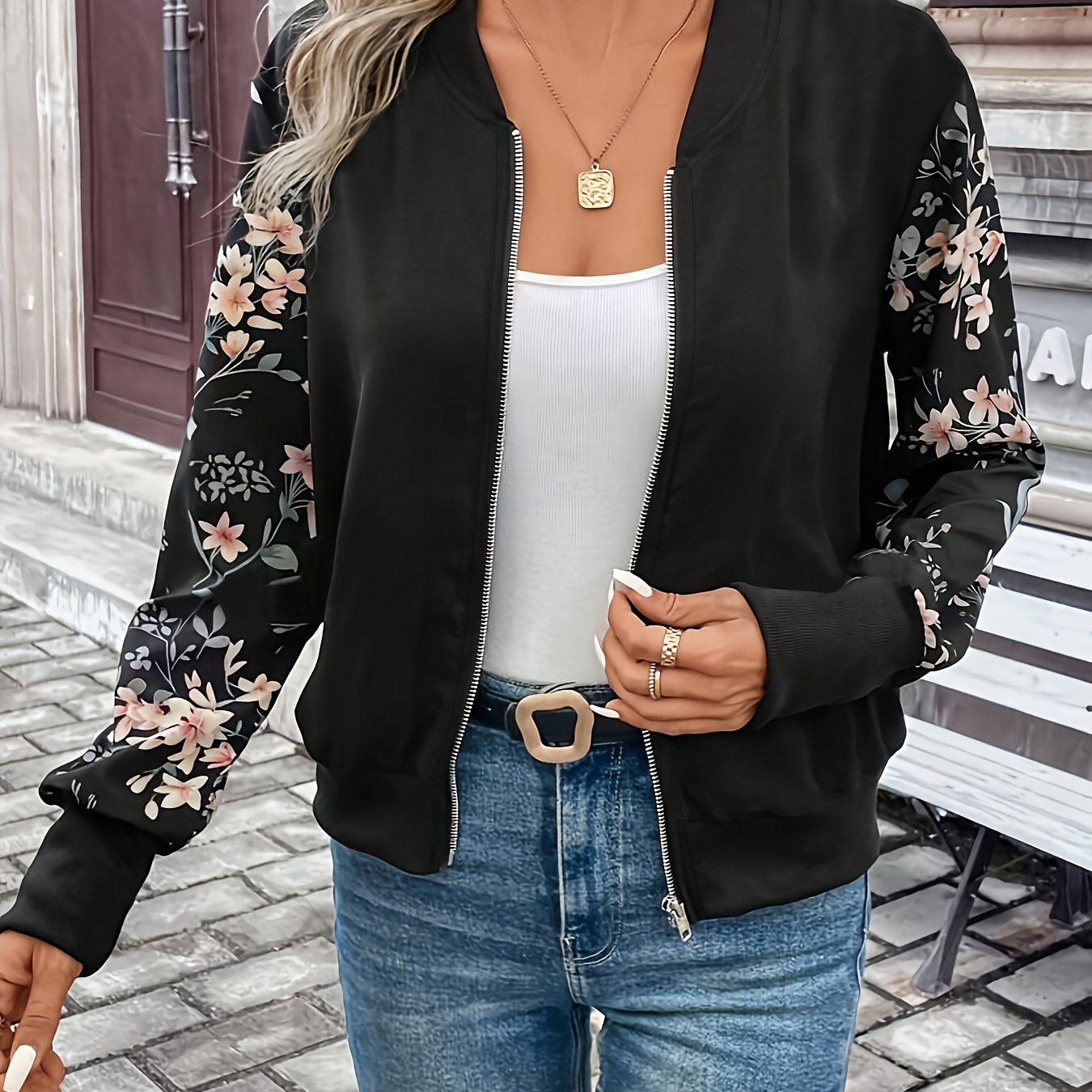 

Floral Print Zipped Drop Shoulder Jacket, Stylish Long Sleeve Jacket For Fall & Spring, Women's Clothing