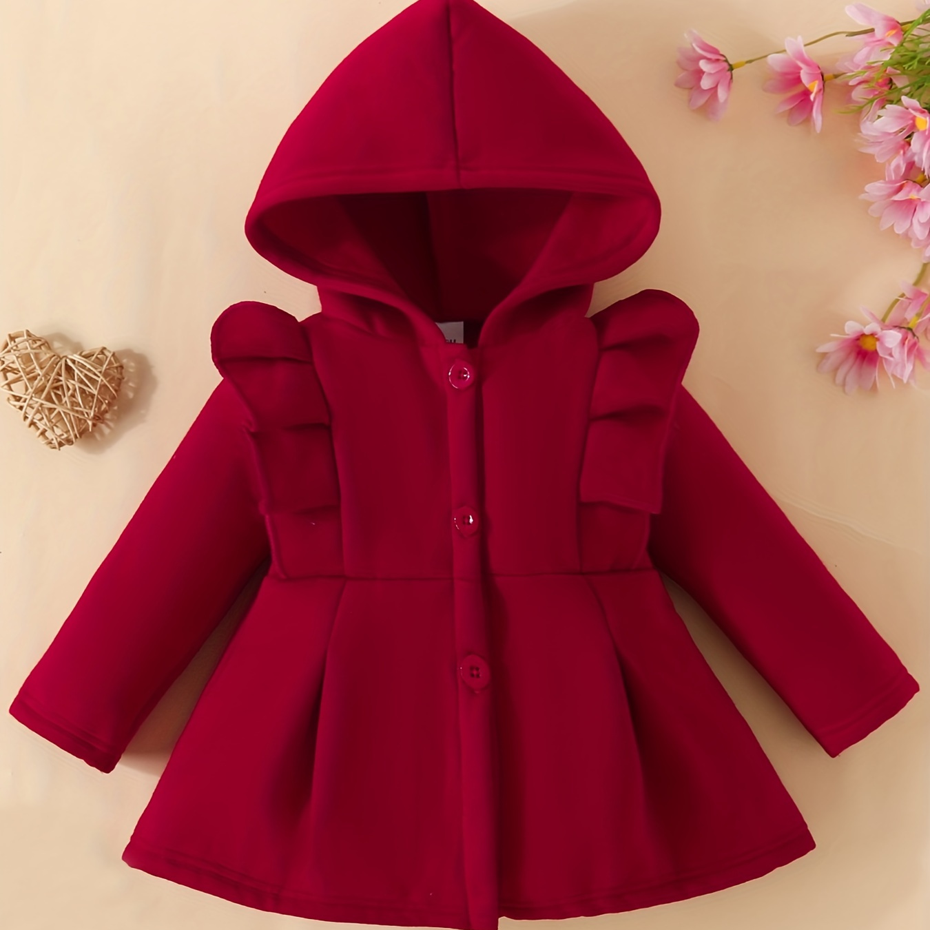 

Baby Girl Ruffled Long Sleeve Fleece Hooded Single Breasted Coat, Kids Clothes Autumn And Winter (recommended To Buy 1 Size Larger)