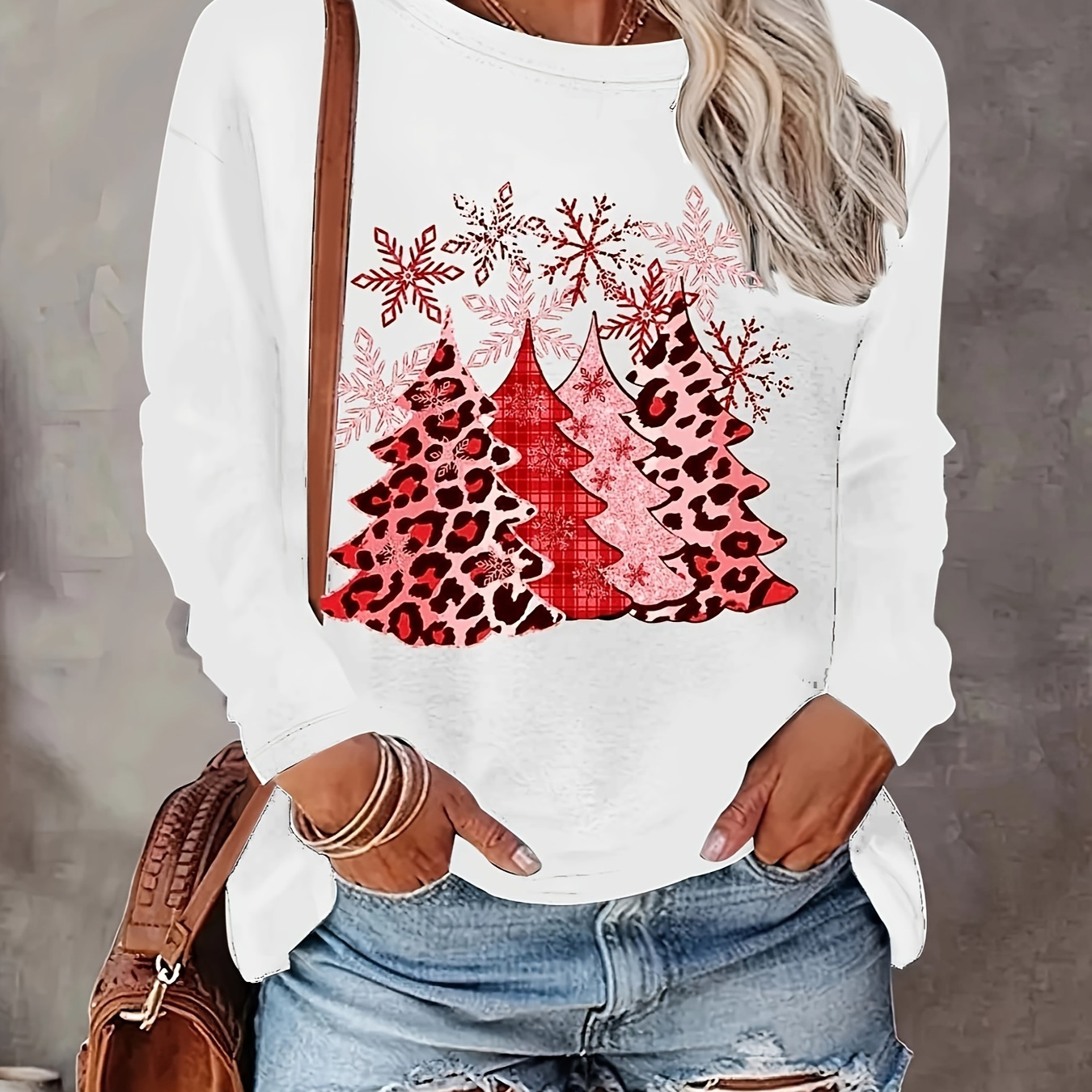 

Christmas Tree Print T-shirt, Casual Crew Neck Long Sleeve Top, Women's Clothing
