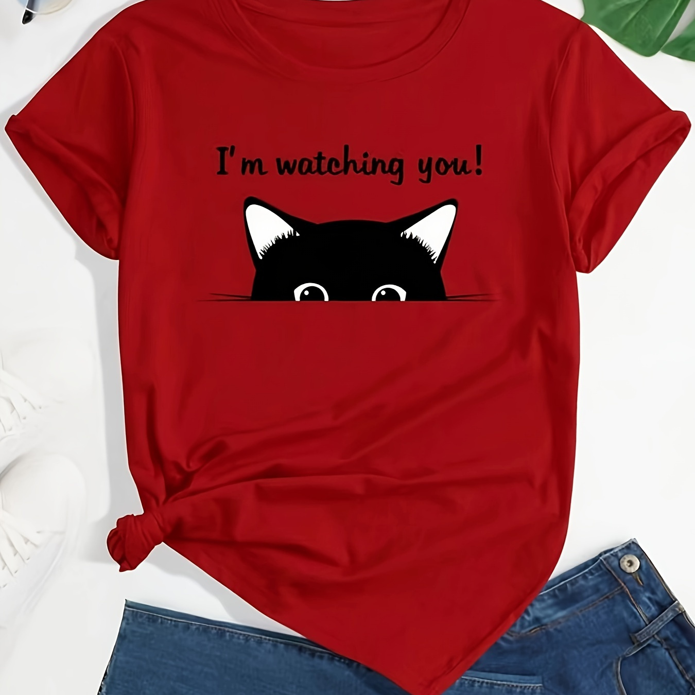 

Cat & Letter Print Summer T-shirt, Cute Short Sleeve Crew Neck Top, Women's Clothing