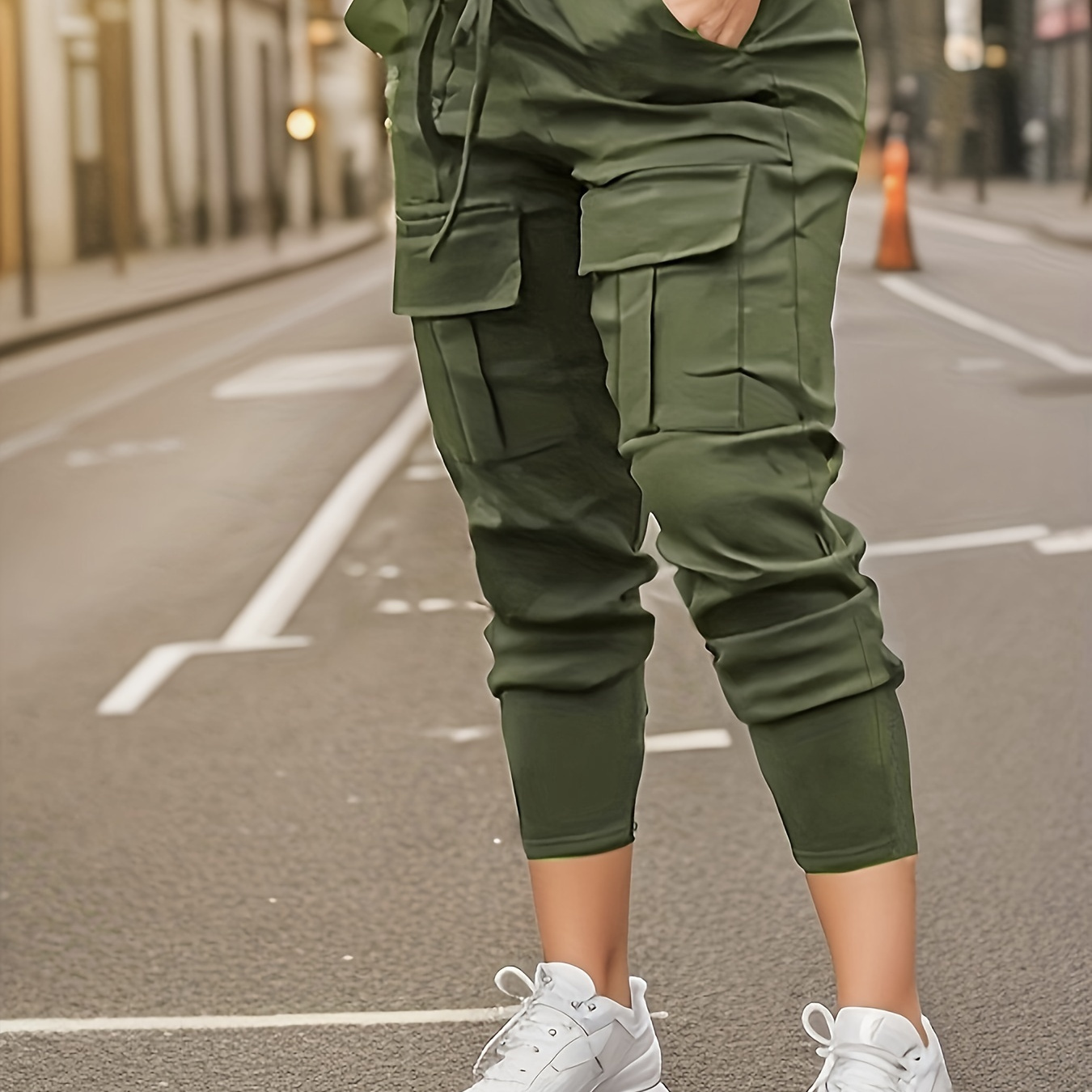 

Flap Pockets Slim Cargo Pants, Casual Solid Color Drawstring Waist Pants For Spring & Summer, Women's Clothing