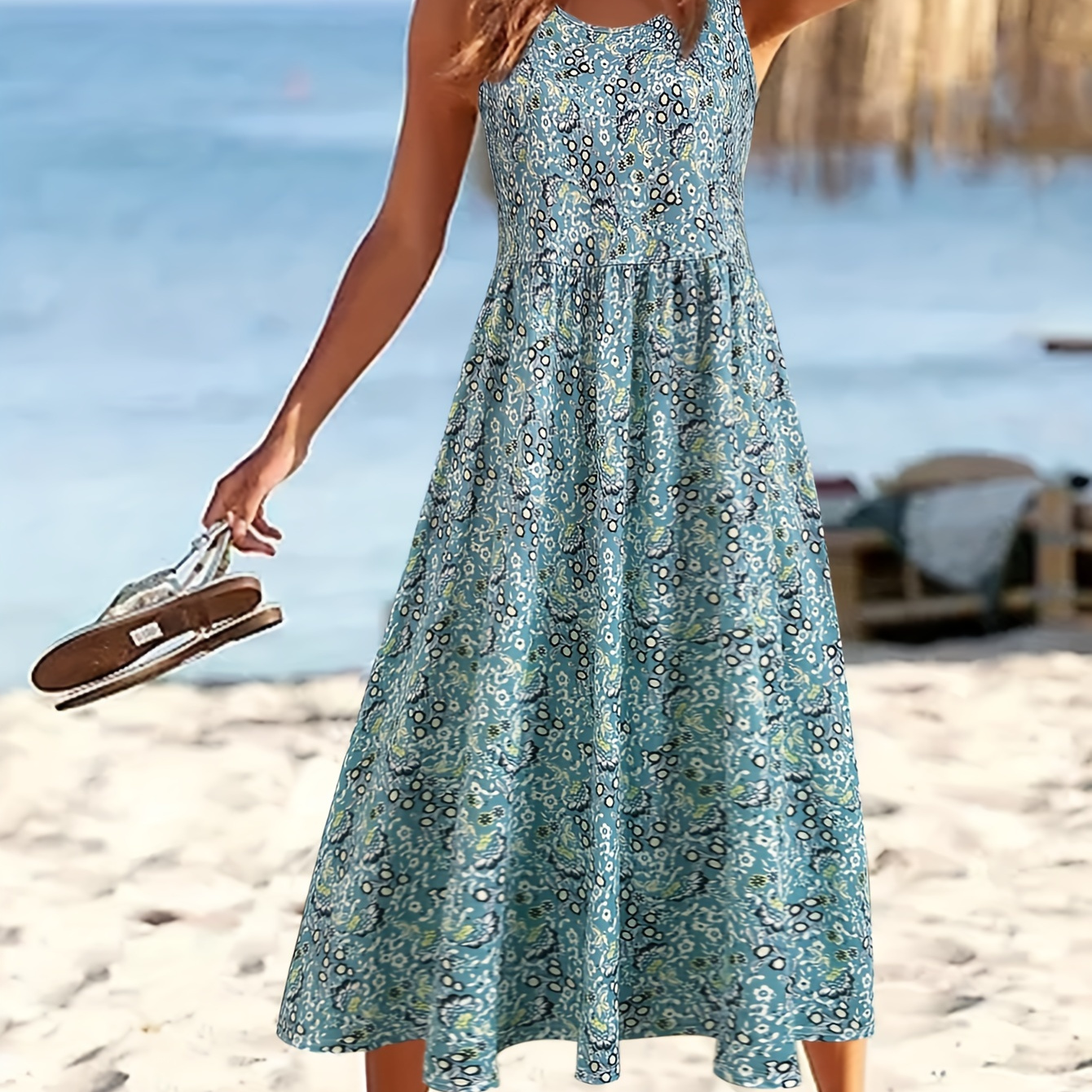 

Ditsy Floral Print Crew Neck Dress, Vacation Sleeveless Midi Dress For Spring & Summer, Women's Clothing
