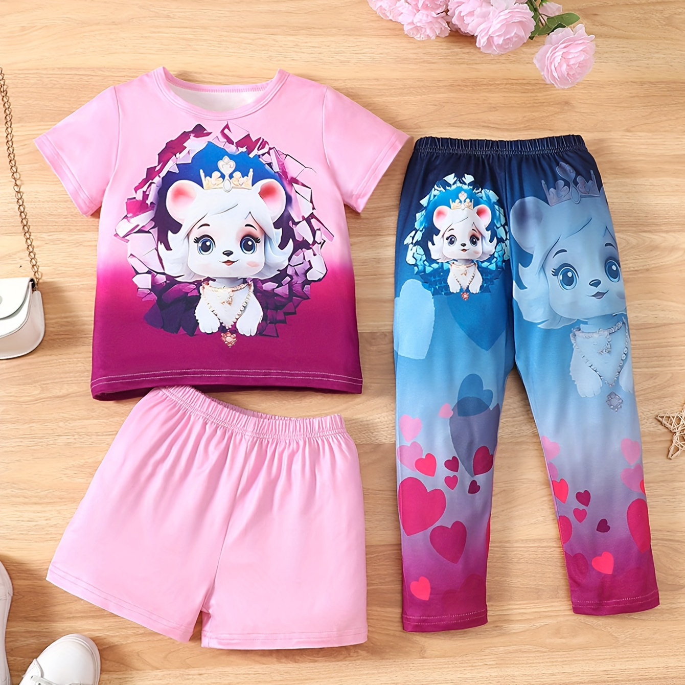 

Baby's Cartoon Dog Digital Print 3pcs Casual Outfit, T-shirt & Shorts & Gradient Pants Set, Toddler & Infant Girl's Clothes For Daily Wear/holiday/party