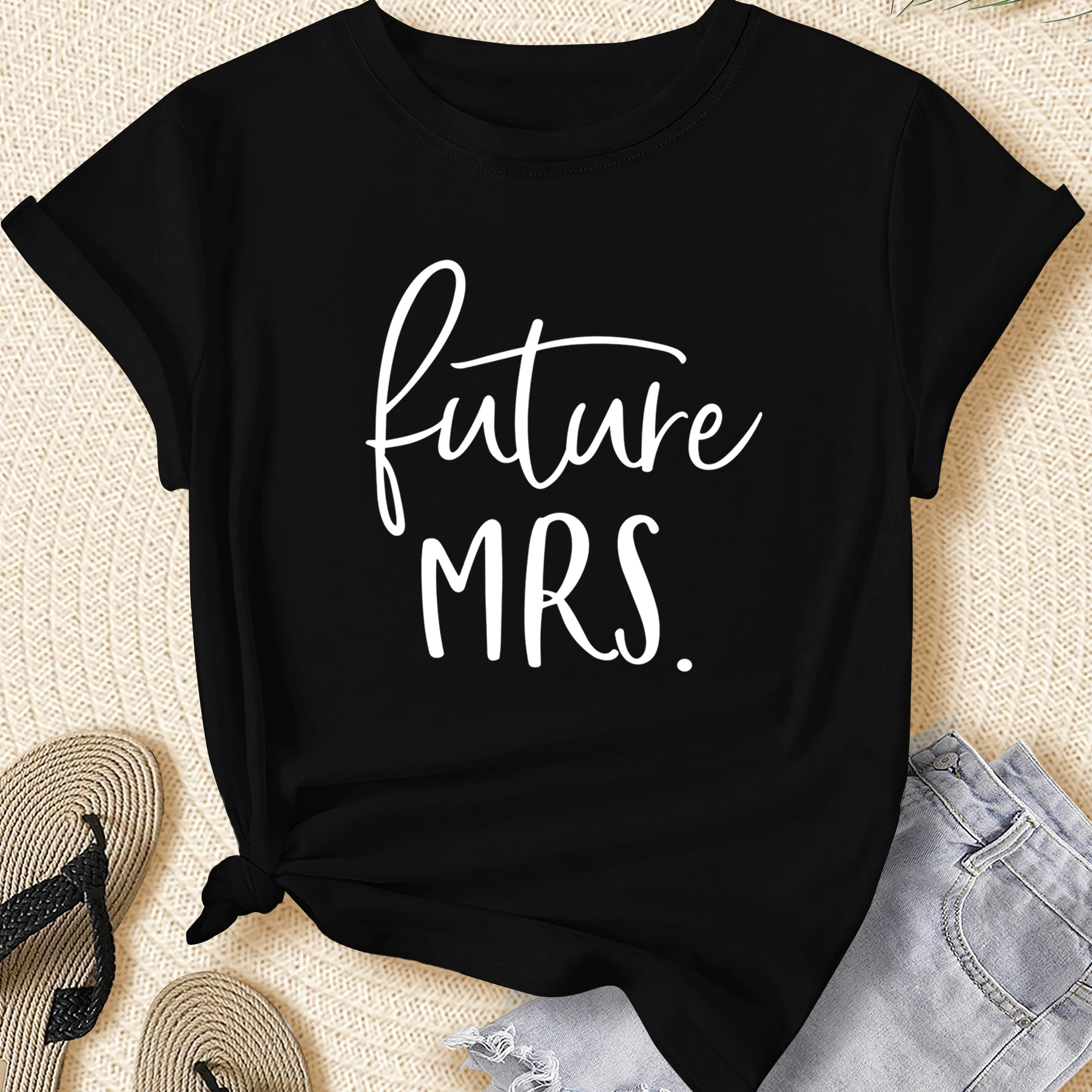 

Size Women's T-shirt With Artistic Letter Print - Casual Short Sleeve, Round Neck Top In Polyester - Machine Washable - Spring/summer/fall