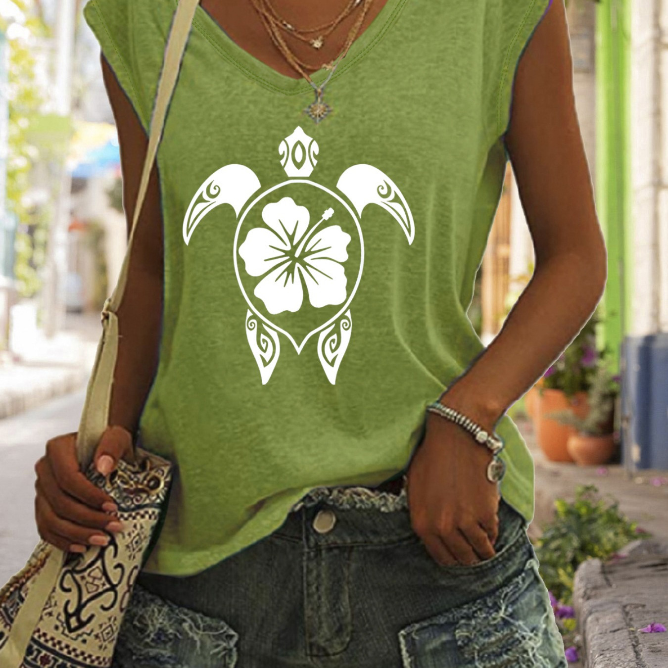 

Turtle Print V Neck Top, Cap Sleeve Casual Top For Summer & Spring, Women's Clothing