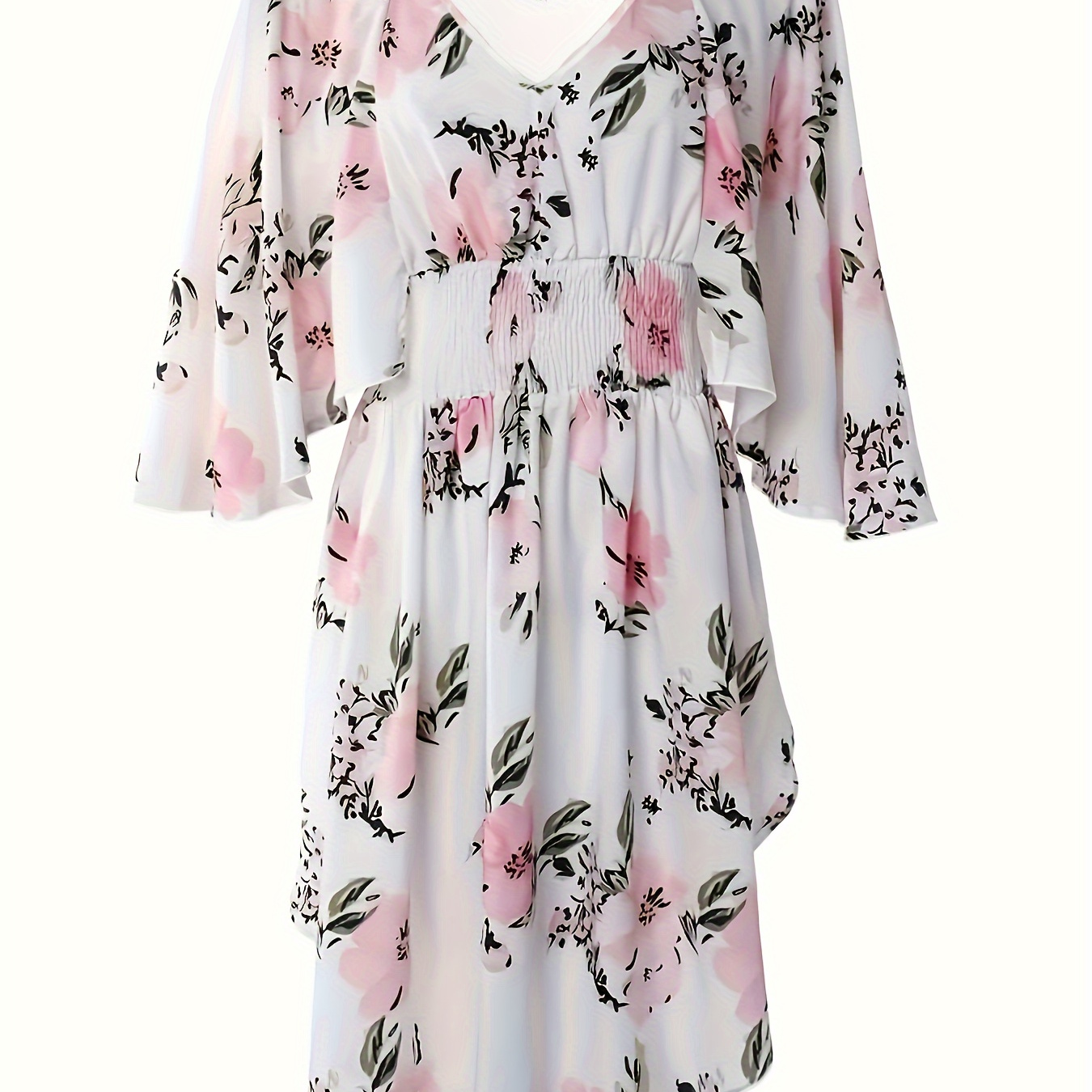 

Plus Size Floral Print V Neck Dress, Elegant Shirred Waist Irregular Hem Dress For Spring & Summer, Women's Plus Size Clothing