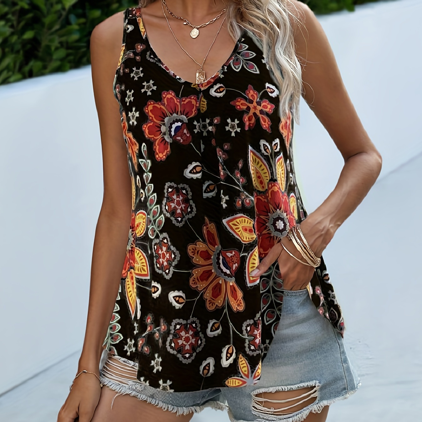 

Floral Print Tank Top, Casual V Neck Summer Sleeveless Top, Women's Clothing