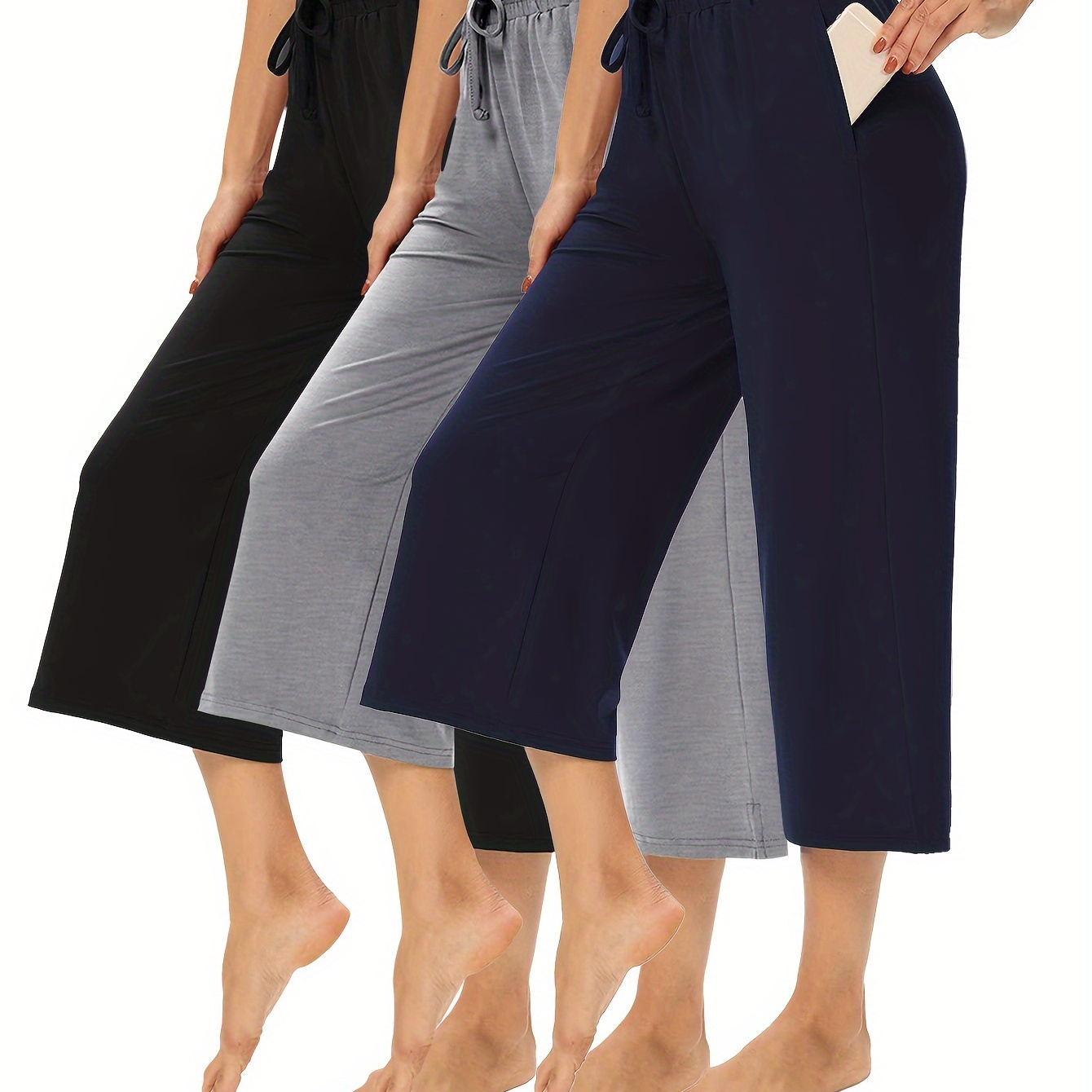 

3pcs Women's Wide Leg Capri Pants With Pockets, Drawstring Loose Yoga Pants, Sports Cropped Trousers For Training