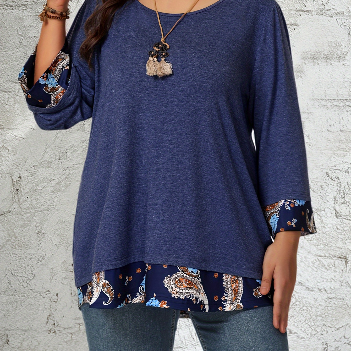 

Plus Size Stitching T-, 3/4 Top For & Fall, 's Plus Size Clothing