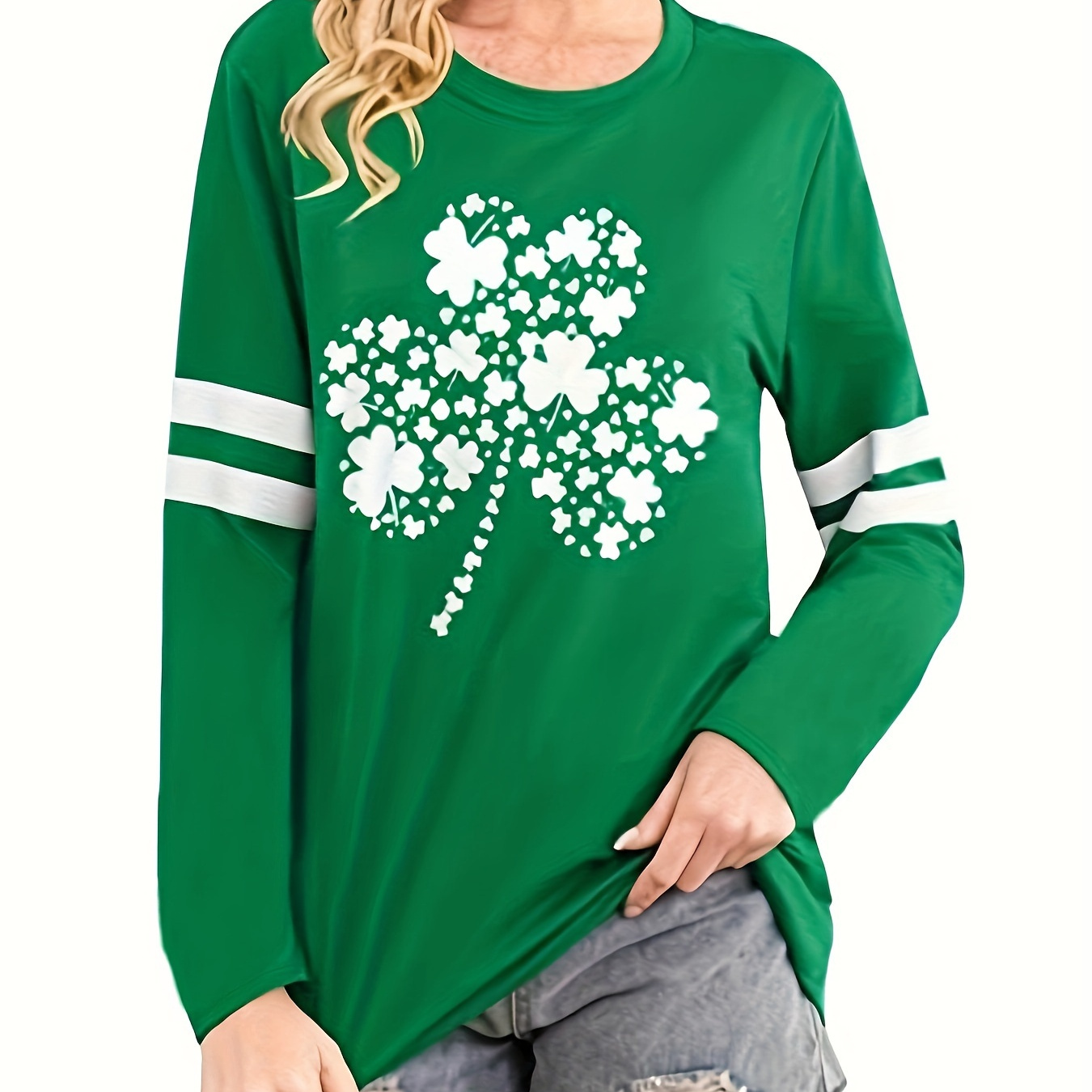 

Plus Size Clover Print T-shirt, St. Patrick's Day Crew Neck Long Sleeve T-shirt, Women's Plus Size clothing