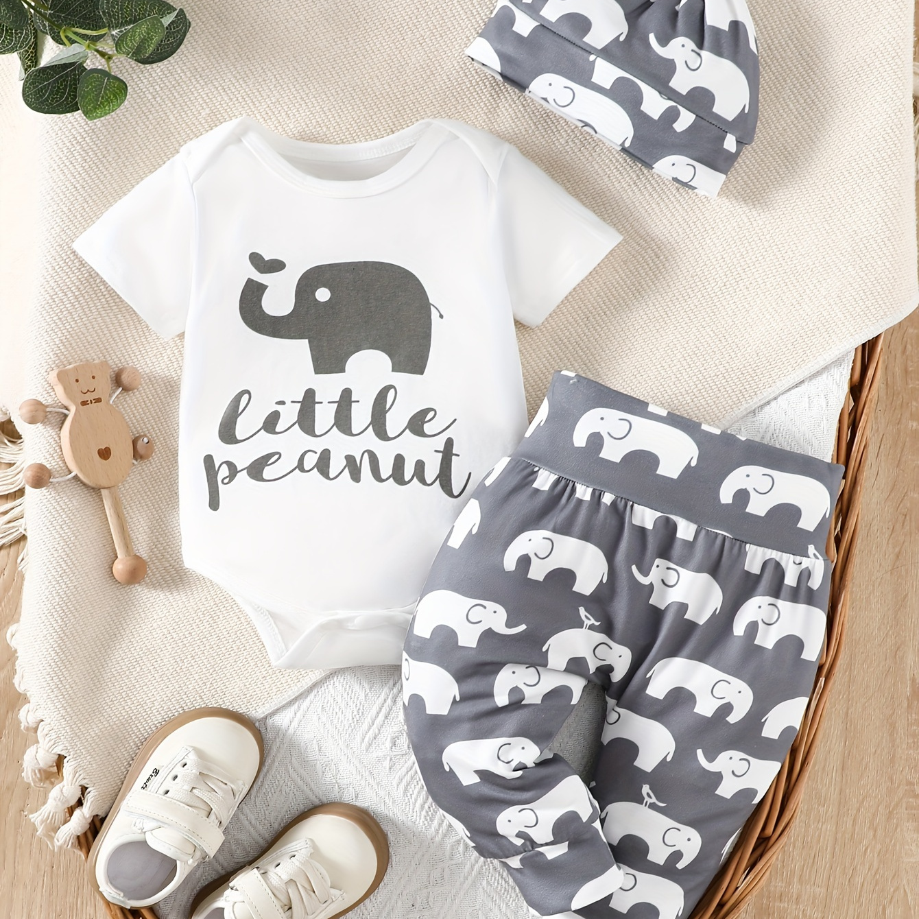 

2pcs "little Peanut" Elephant Print Casual Outfit For Infants, Triangle Onesie & Hat & Pants, Baby Boy's Clothes